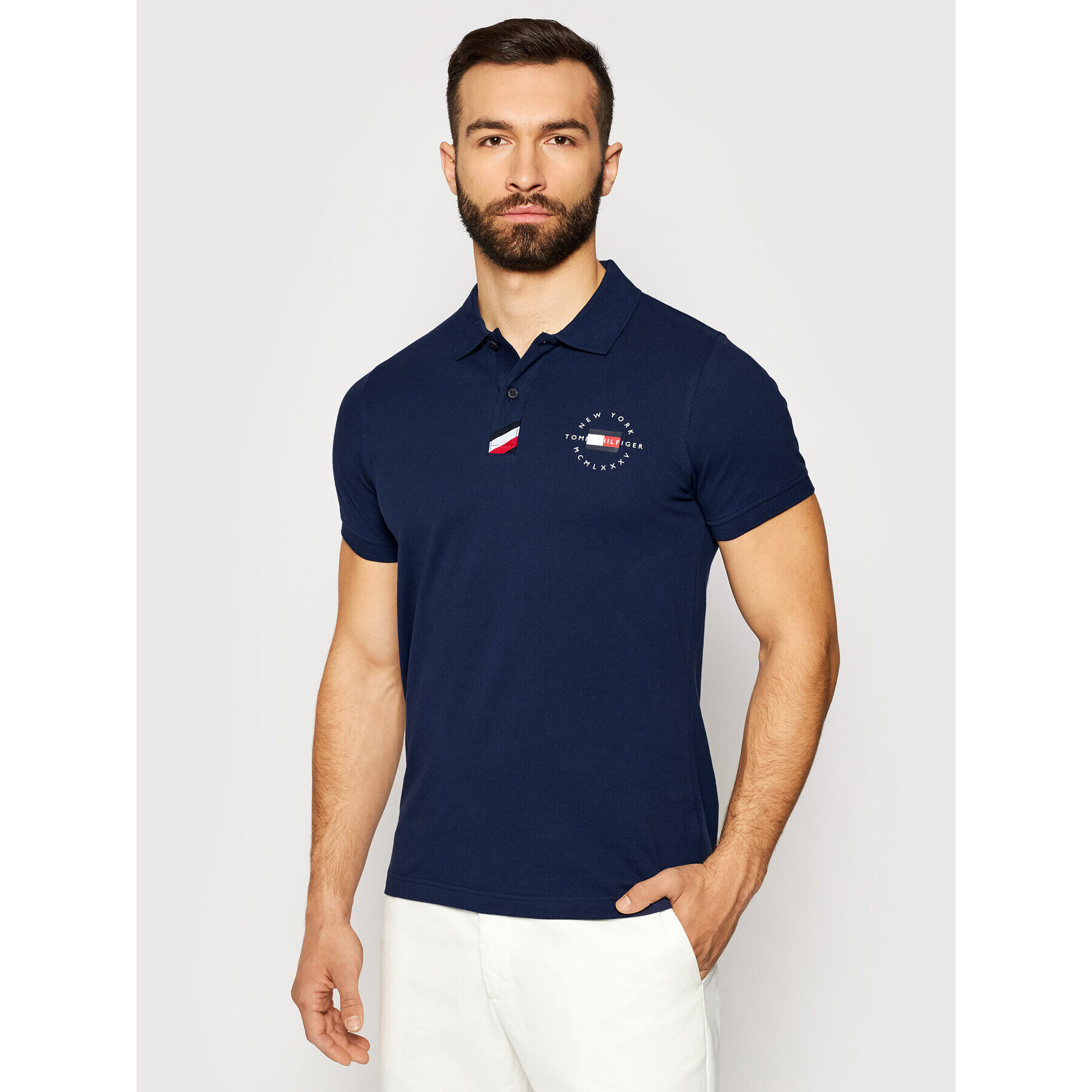 Tommy Hilfiger Тениска с яка и копчета Placket MW0MW17788 Тъмносин Slim Fit - Pepit.bg