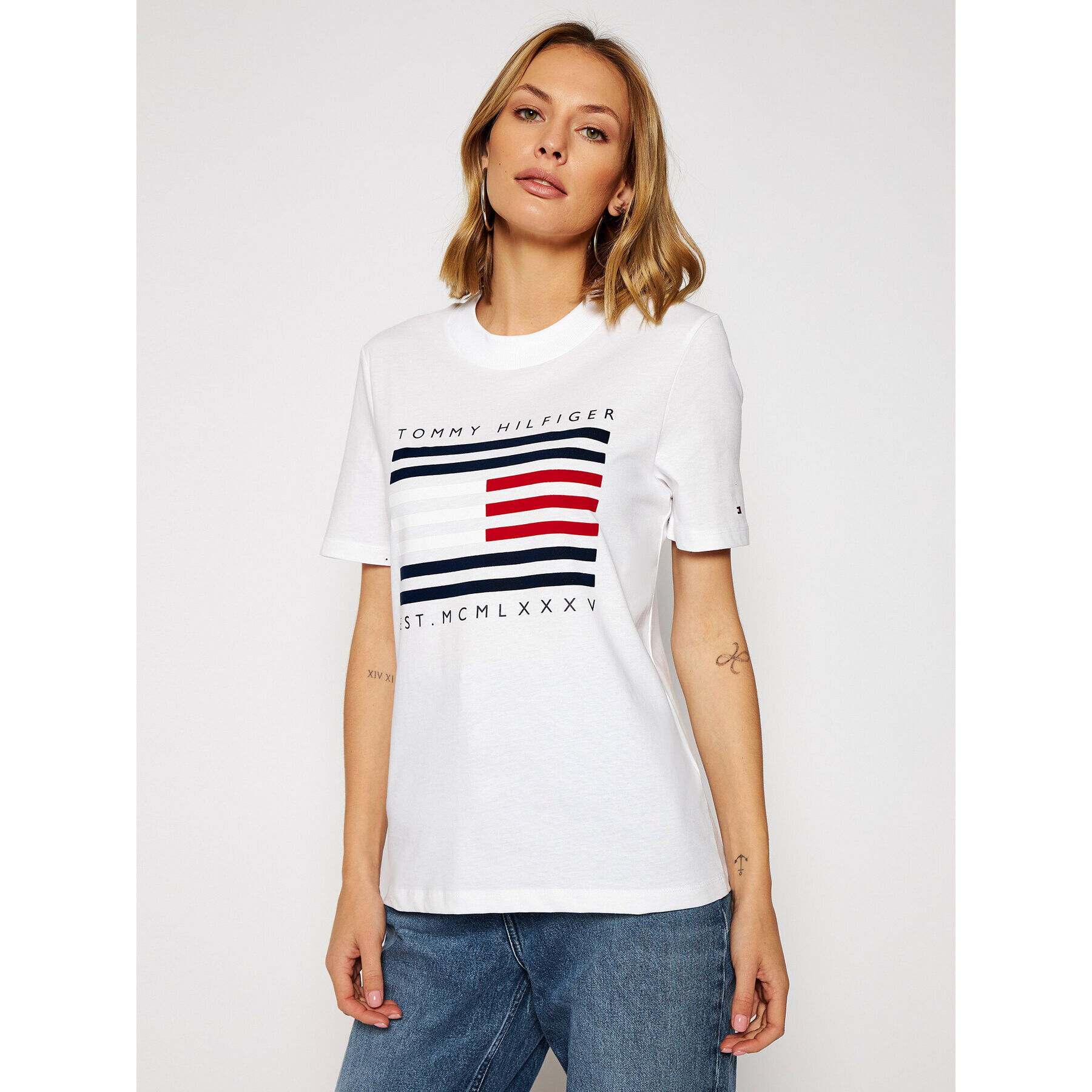 Tommy Hilfiger Тишърт C-Nk Flock WW0WW29362 Бял Regular Fit - Pepit.bg