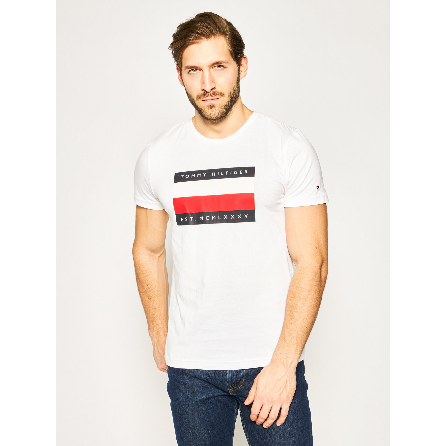 Tommy Hilfiger Тишърт Corp Stripe Box MW0MW13345 Бял Regular Fit - Pepit.bg