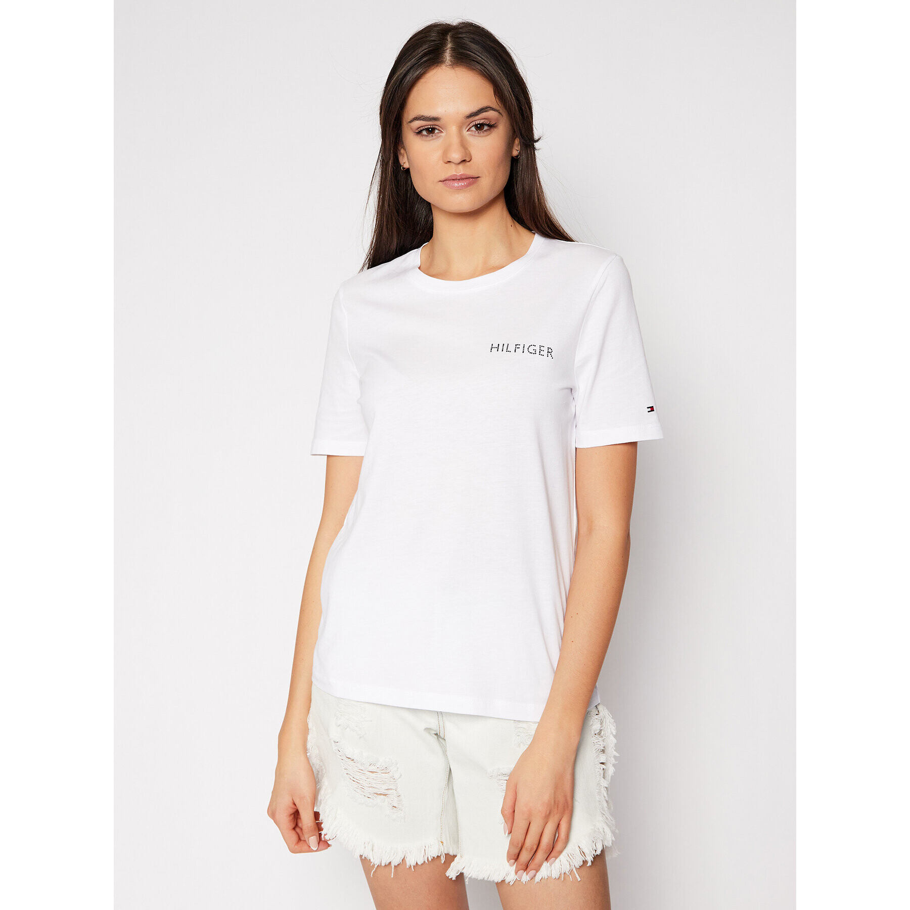 Tommy Hilfiger Тишърт Crystal C-Nk Tee WW0WW29980 Бял Regular Fit - Pepit.bg