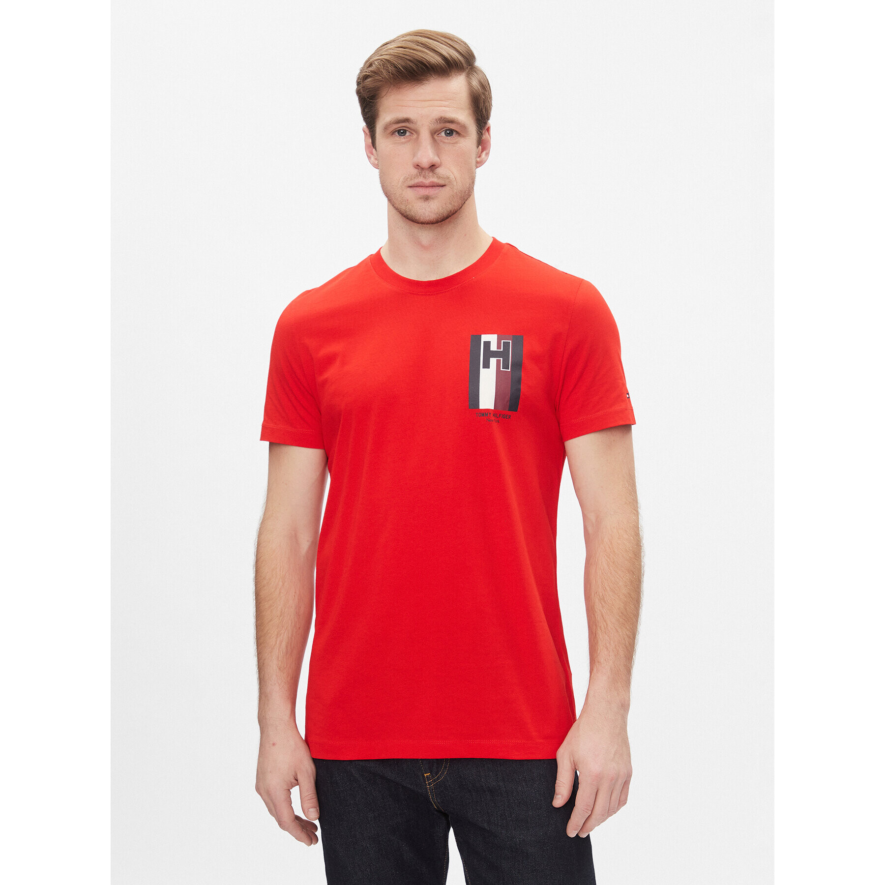 Tommy Hilfiger Тишърт H Emblem Tee MW0MW33687 Червен Slim Fit - Pepit.bg