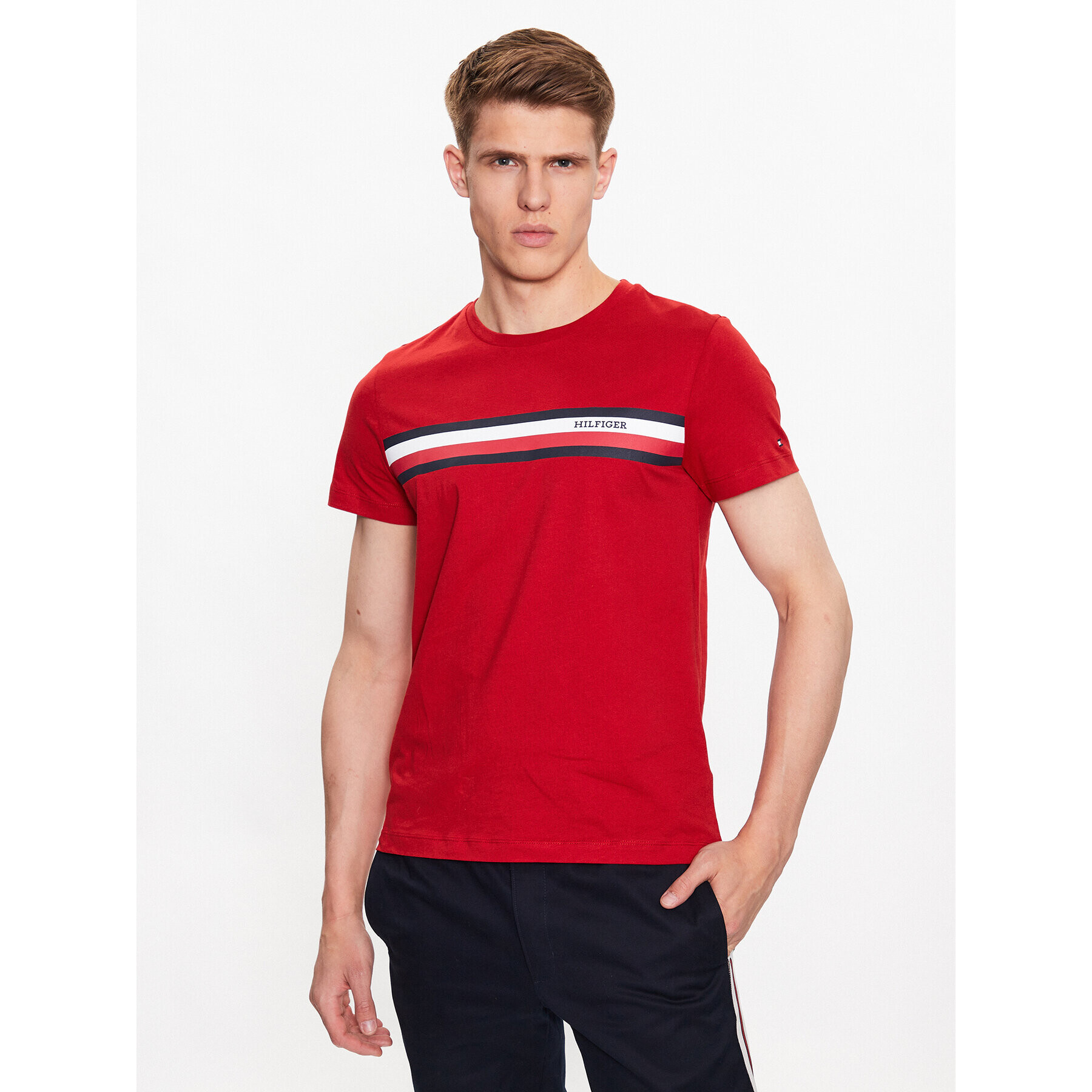 Tommy Hilfiger Тишърт Monotype Chest Stripe MW0MW32119 Червен Slim Fit - Pepit.bg