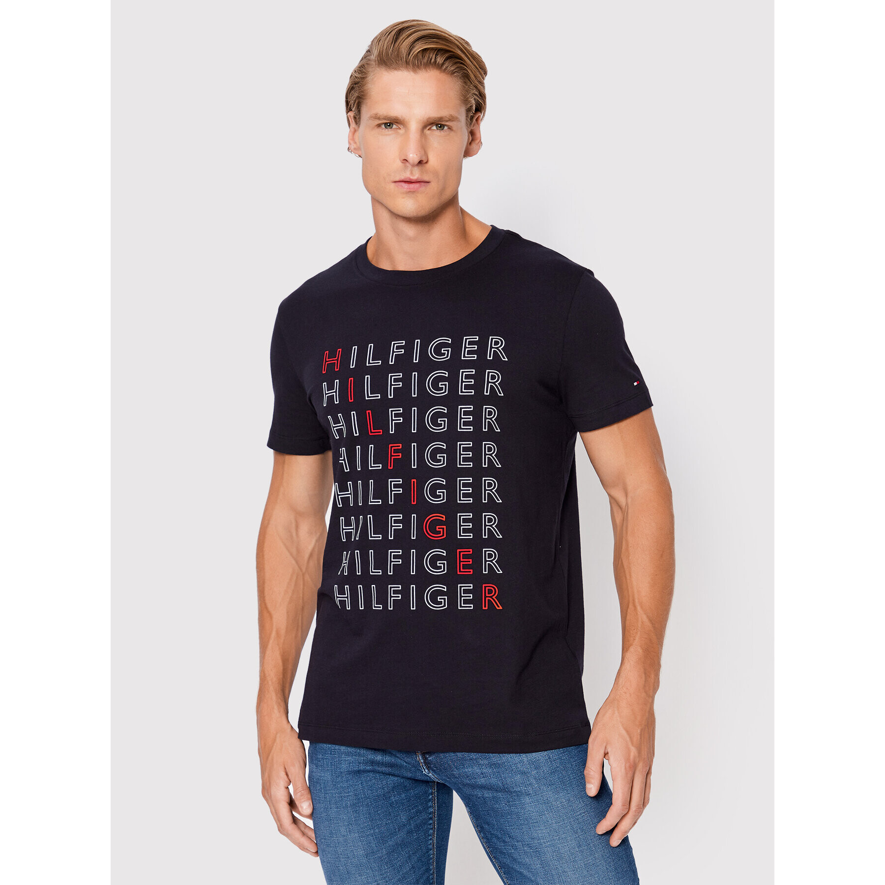 Tommy Hilfiger Тишърт Repeat MW0MW28680 Тъмносин Slim Fit - Pepit.bg