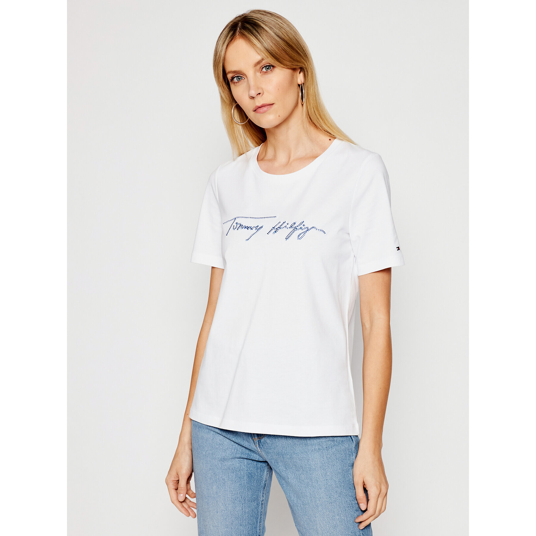 Tommy Hilfiger Тишърт Script Open-Nk Tee WW0WW29523 Бял Regular Fit - Pepit.bg