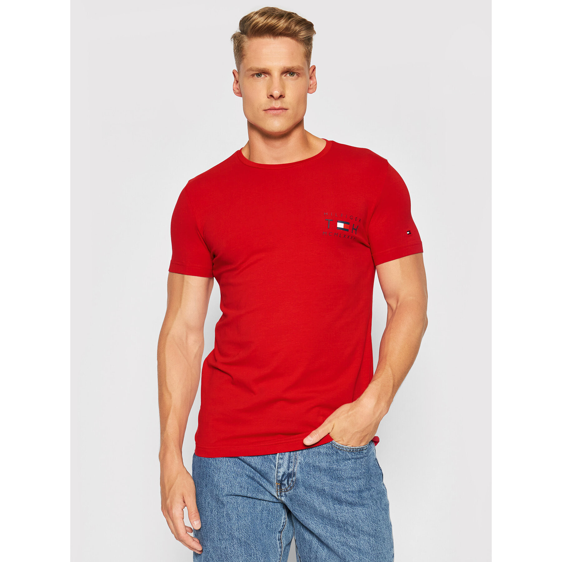 Tommy Hilfiger Тишърт Stretch Corp Tee MW0MW18737 Червен Slim Fit - Pepit.bg