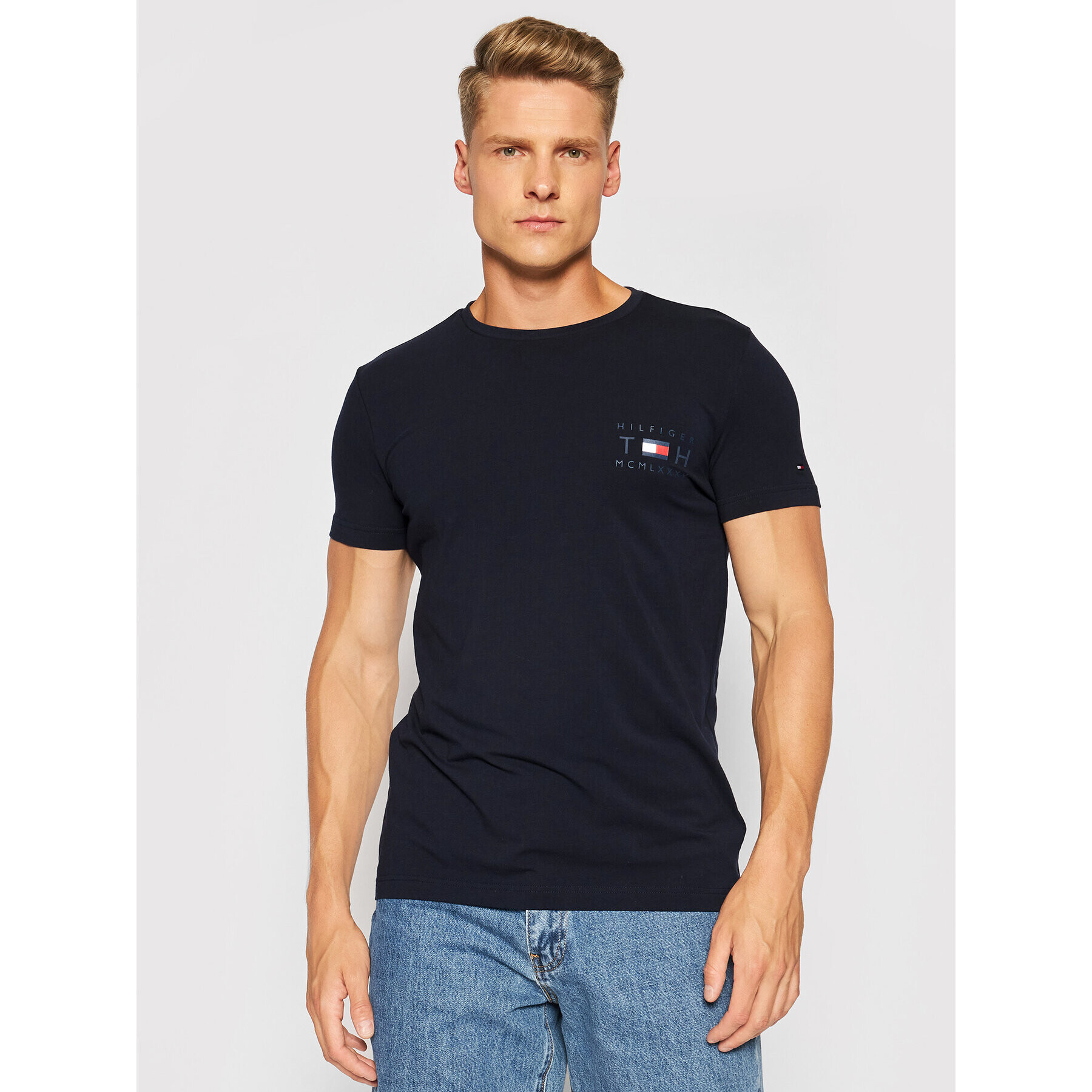 Tommy Hilfiger Тишърт Stretch Corp Tee MW0MW18737 Тъмносин Slim Fit - Pepit.bg