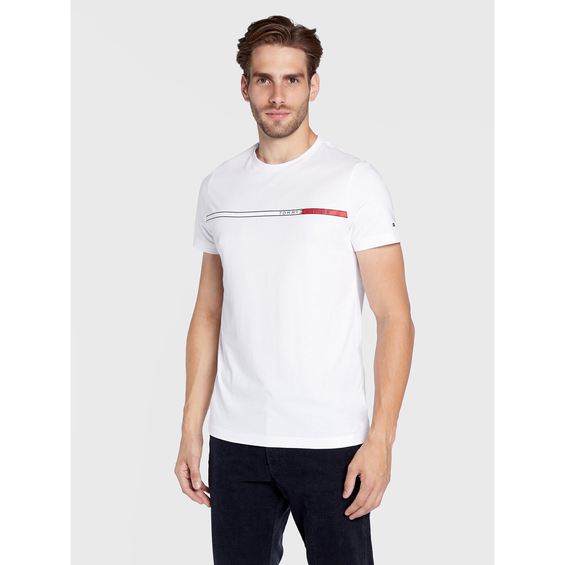 Tommy Hilfiger Тишърт Two Tone Chest Stripe MW0MW27912 Бял Slim Fit - Pepit.bg