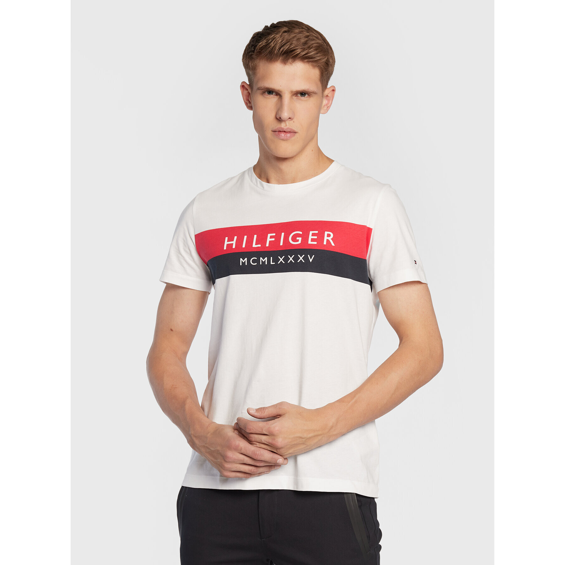 Tommy Hilfiger Тишърт Two Tone MW0MW28222 Бял Slim Fit - Pepit.bg