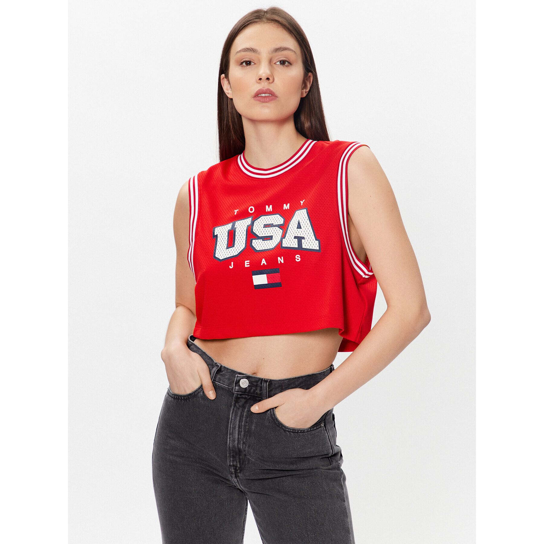 Tommy Jeans Блуза USA Basketball DW0DW15304 Червен Cropped Fit - Pepit.bg