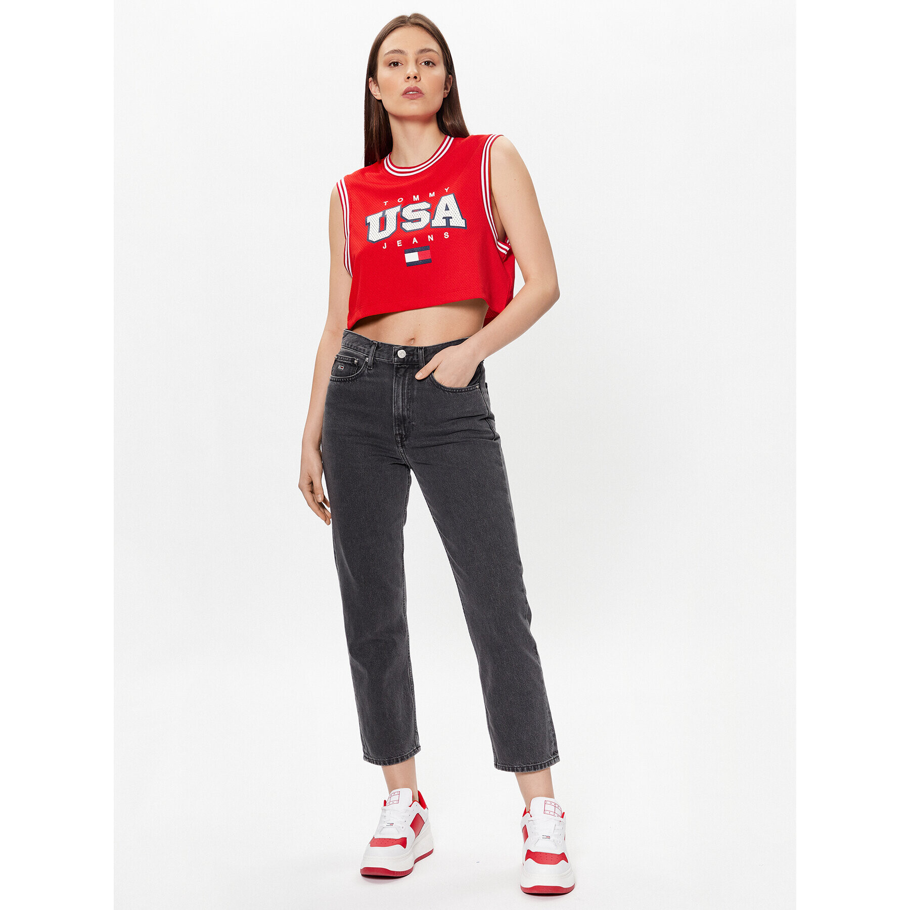 Tommy Jeans Блуза USA Basketball DW0DW15304 Червен Cropped Fit - Pepit.bg