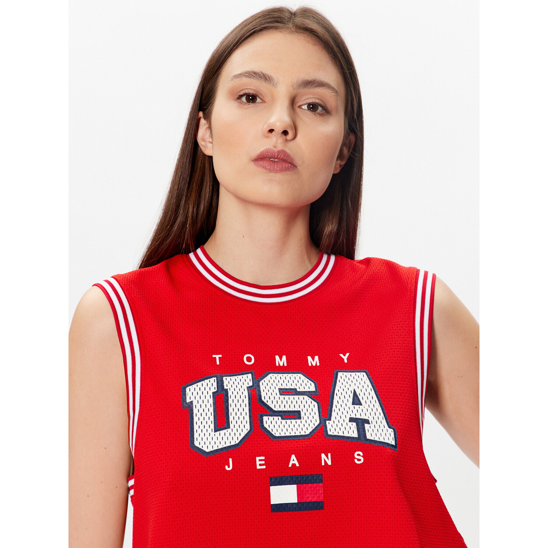 Tommy Jeans Блуза USA Basketball DW0DW15304 Червен Cropped Fit - Pepit.bg