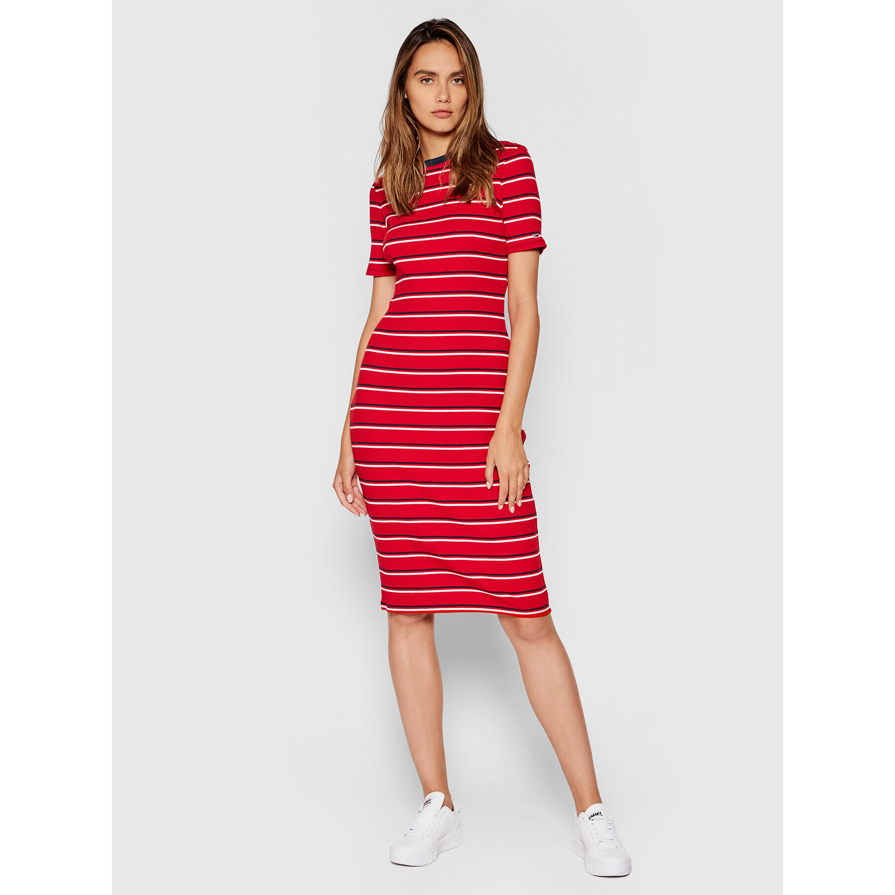 Tommy Jeans Ежедневна рокля Tjw Striped Rib Bodycon DW0DW10382 Червен Skim Fit - Pepit.bg