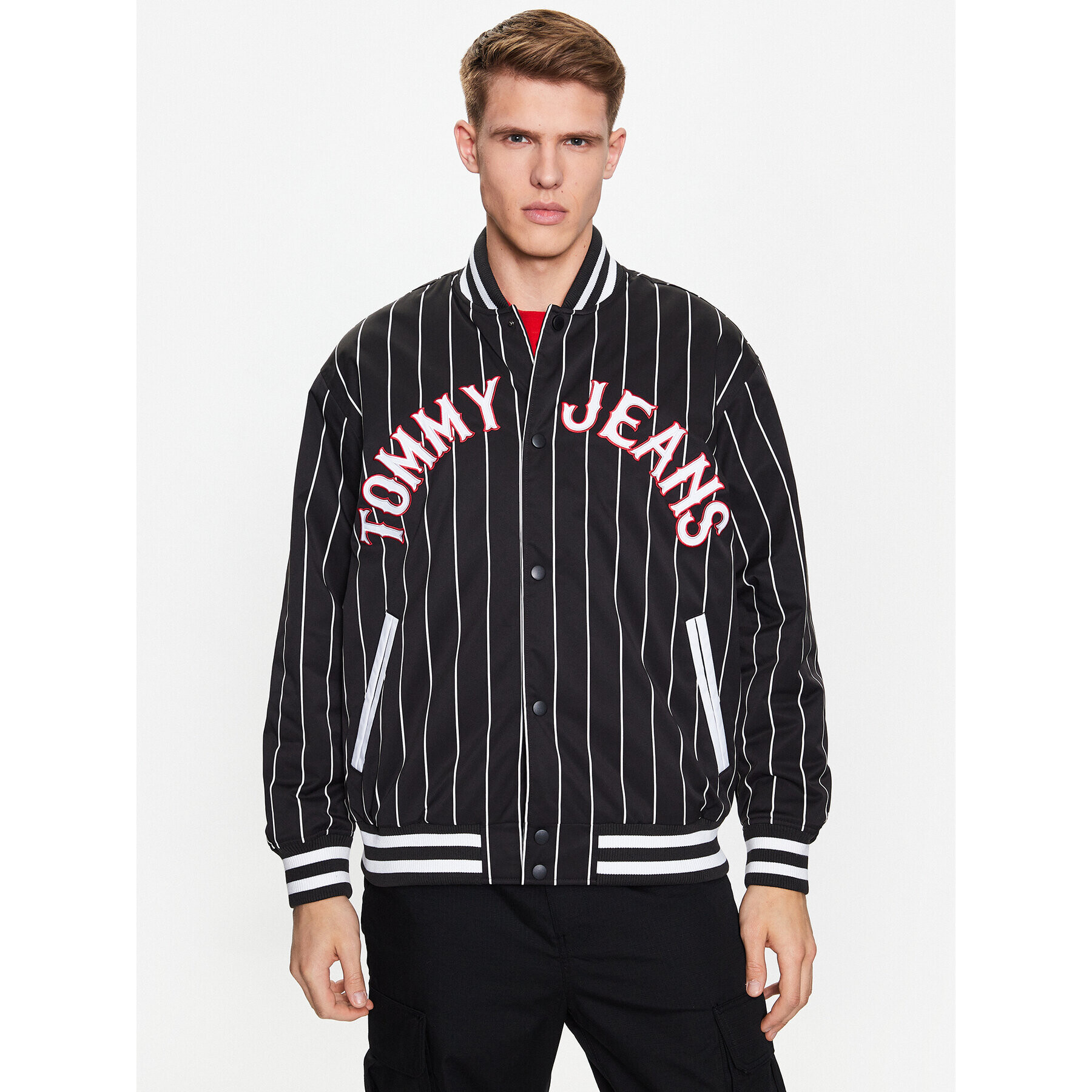 Tommy Jeans Яке бомбър Pinstripe DM0DM15917 Черен Relaxed Fit - Pepit.bg