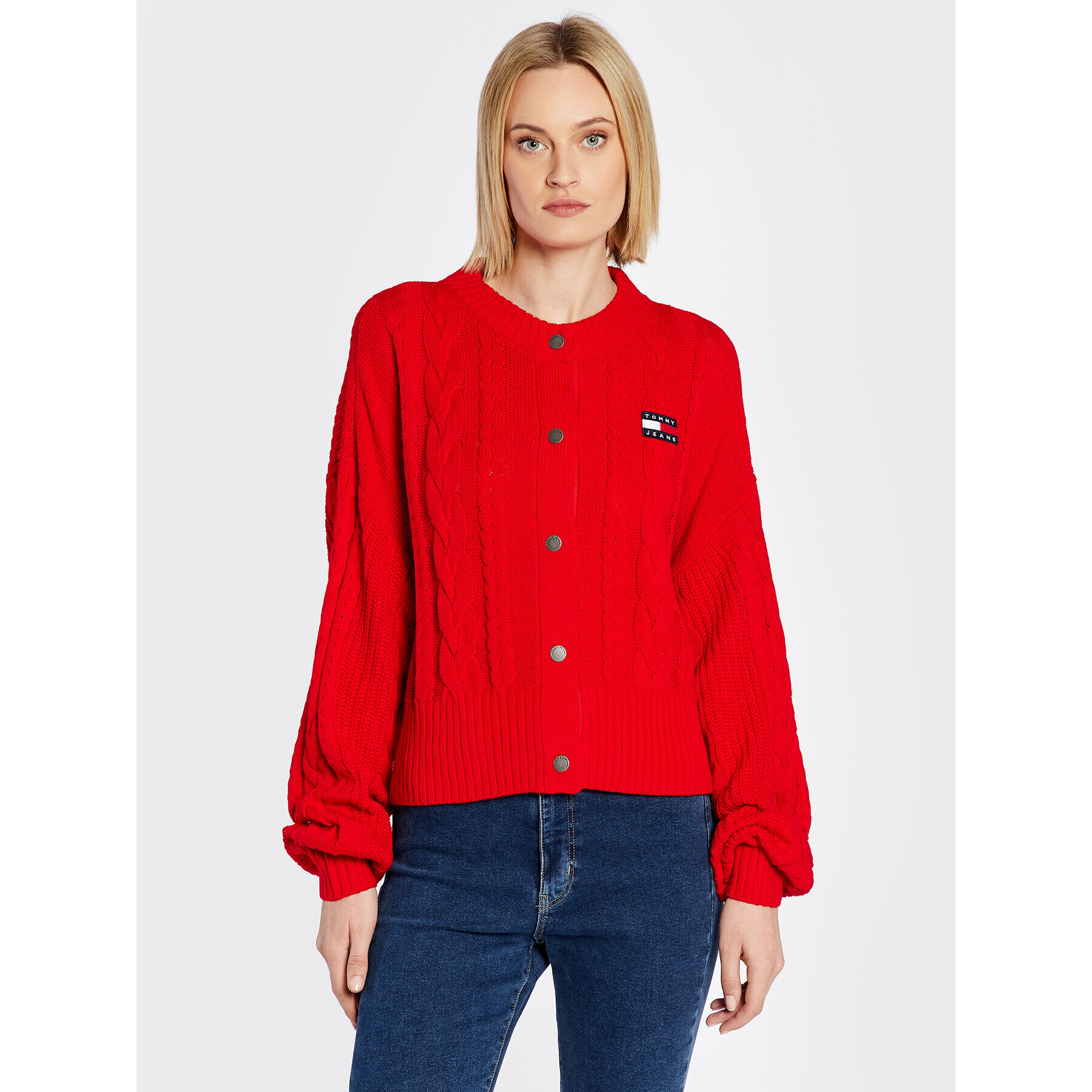 Tommy Jeans Кардиган Badge Cable DW0DW14263 Червен Oversize - Pepit.bg