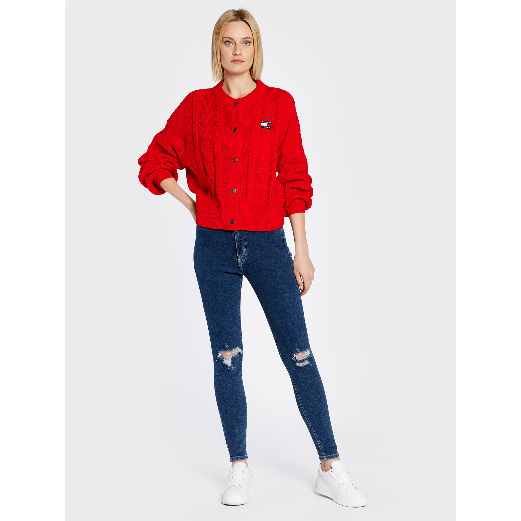 Tommy Jeans Кардиган Badge Cable DW0DW14263 Червен Oversize - Pepit.bg