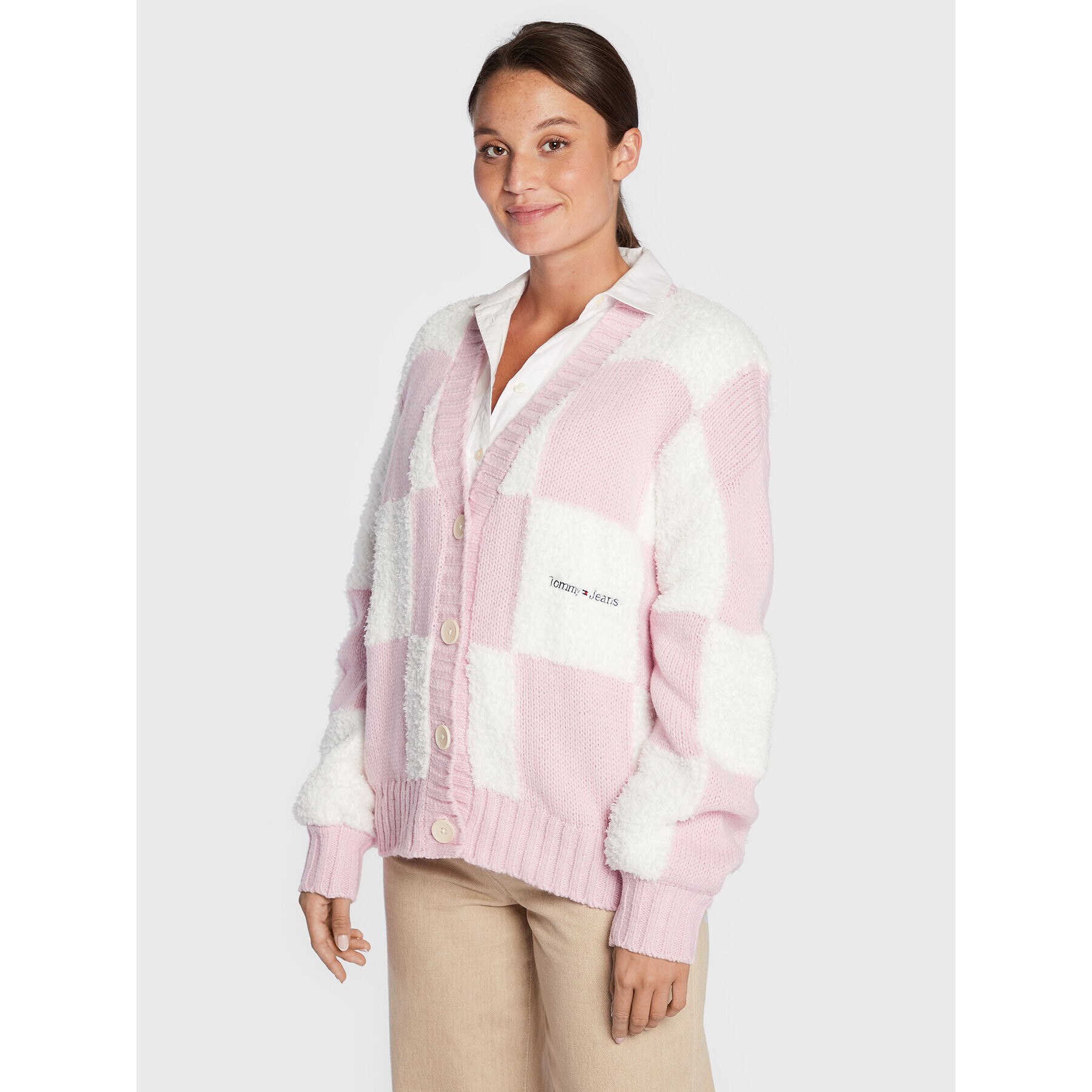 Tommy Jeans Кардиган Checker DW0DW14318 Розов Oversize - Pepit.bg