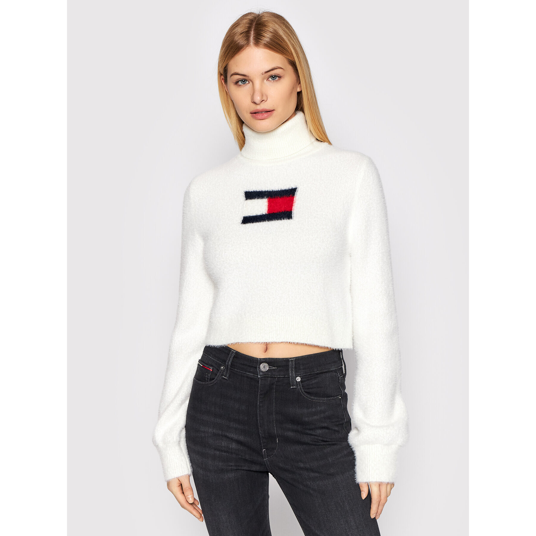 Tommy Jeans Поло Furry Flag DW0DW11719 Бял Cropped Fit - Pepit.bg