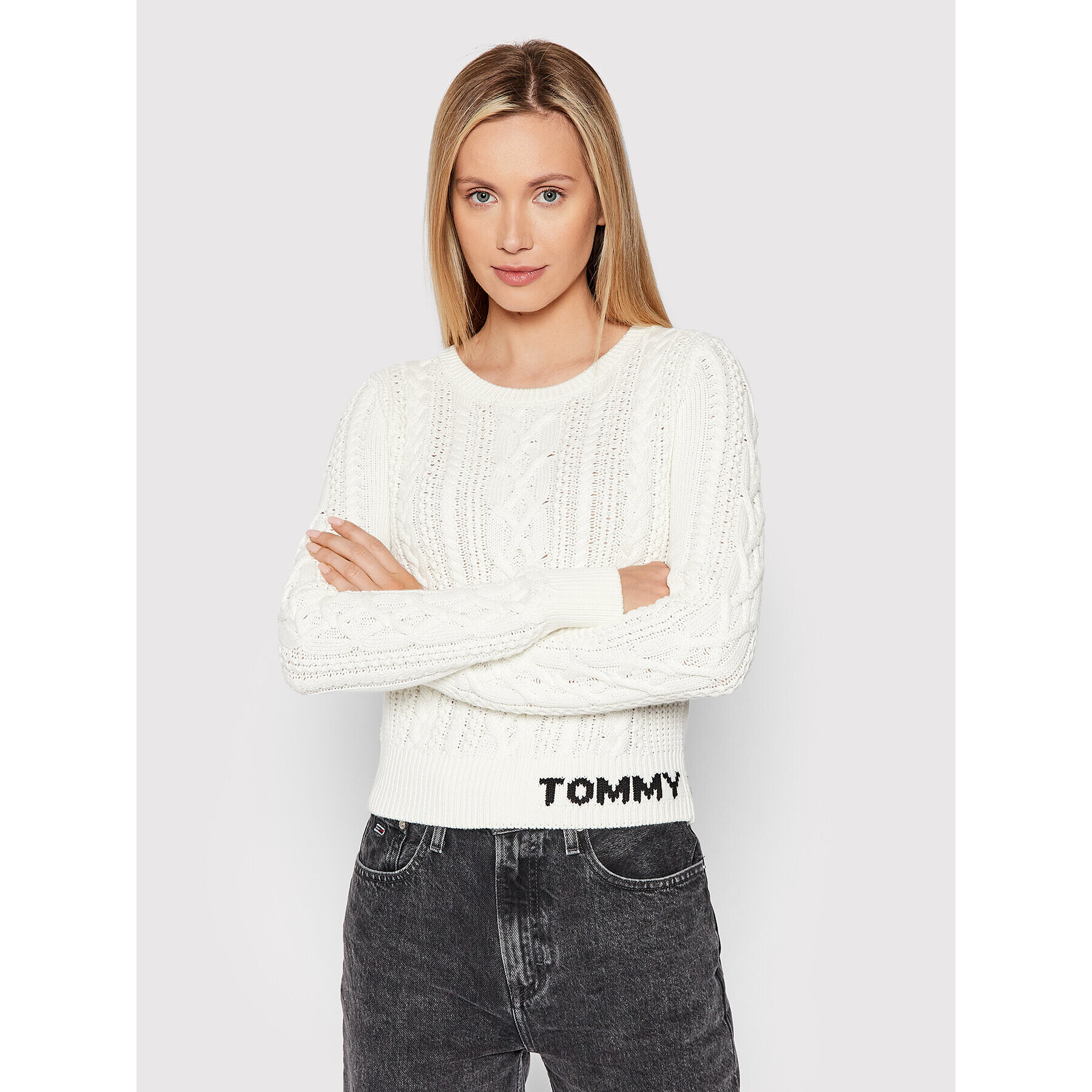 Tommy Jeans Пуловер Cable DW0DW11004 Бял Regular Fit - Pepit.bg