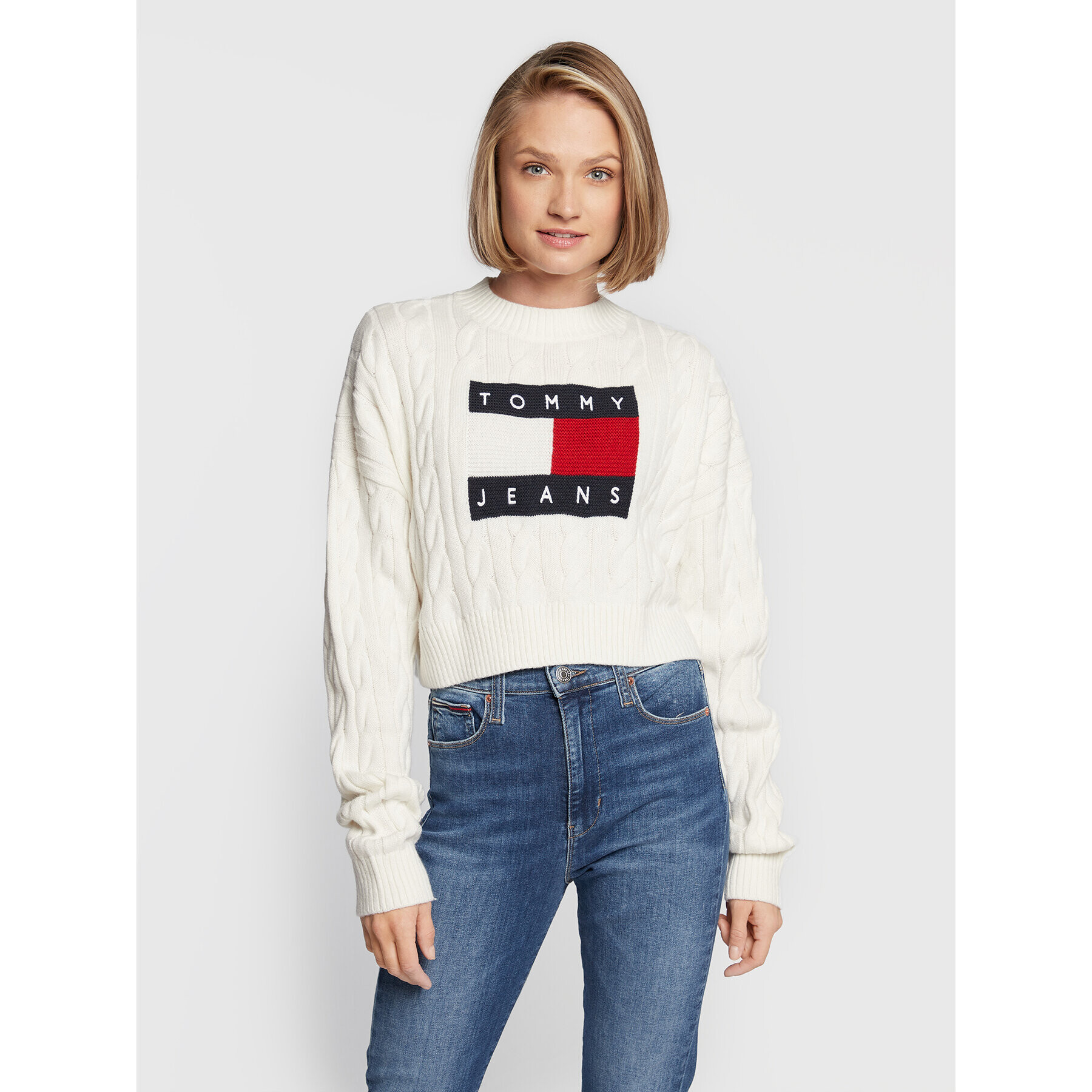 Tommy Jeans Пуловер Center Flag DW0DW14261 Бежов Boxy Fit - Pepit.bg