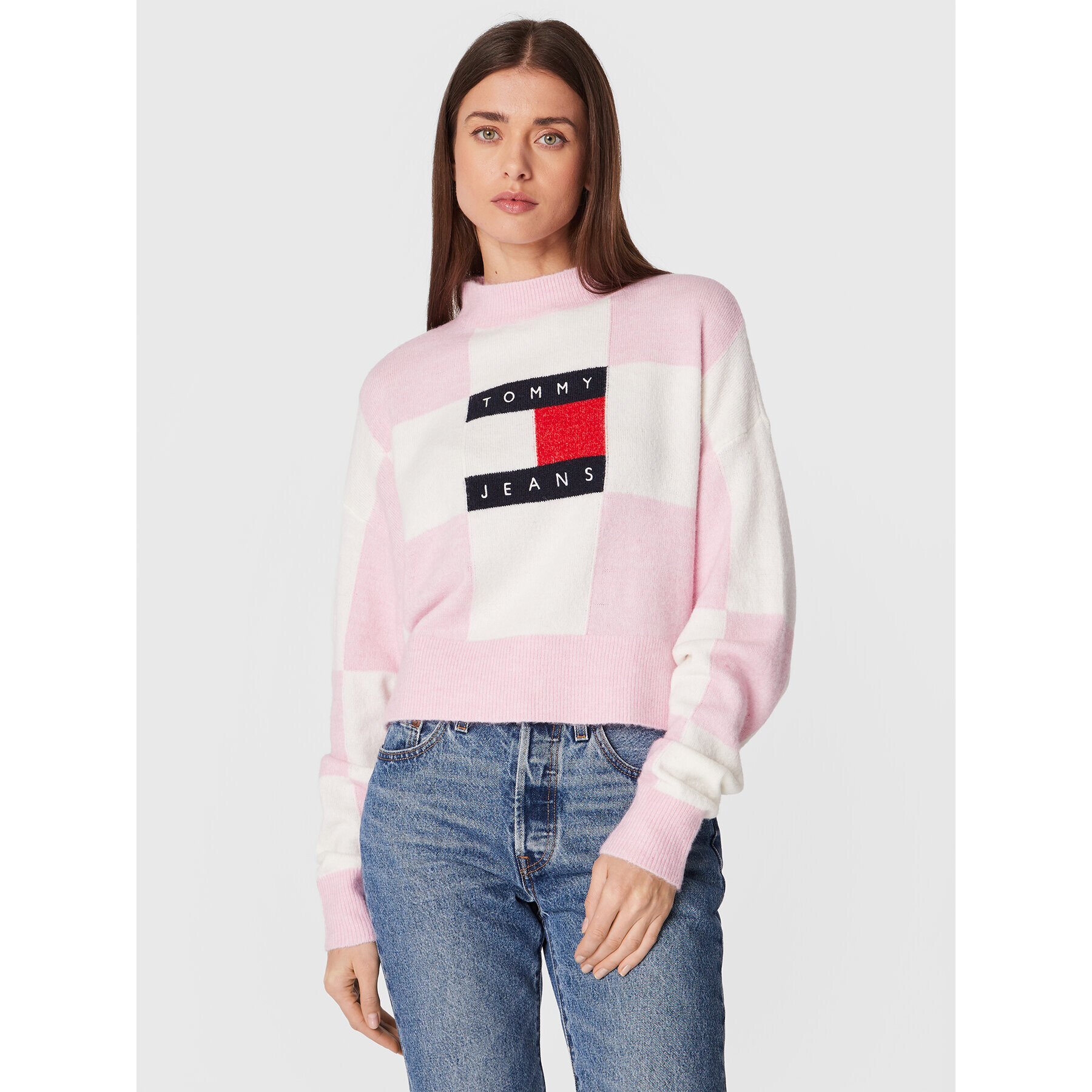 Tommy Jeans Пуловер Checker Flag DW0DW14316 Розов Relaxed Fit - Pepit.bg
