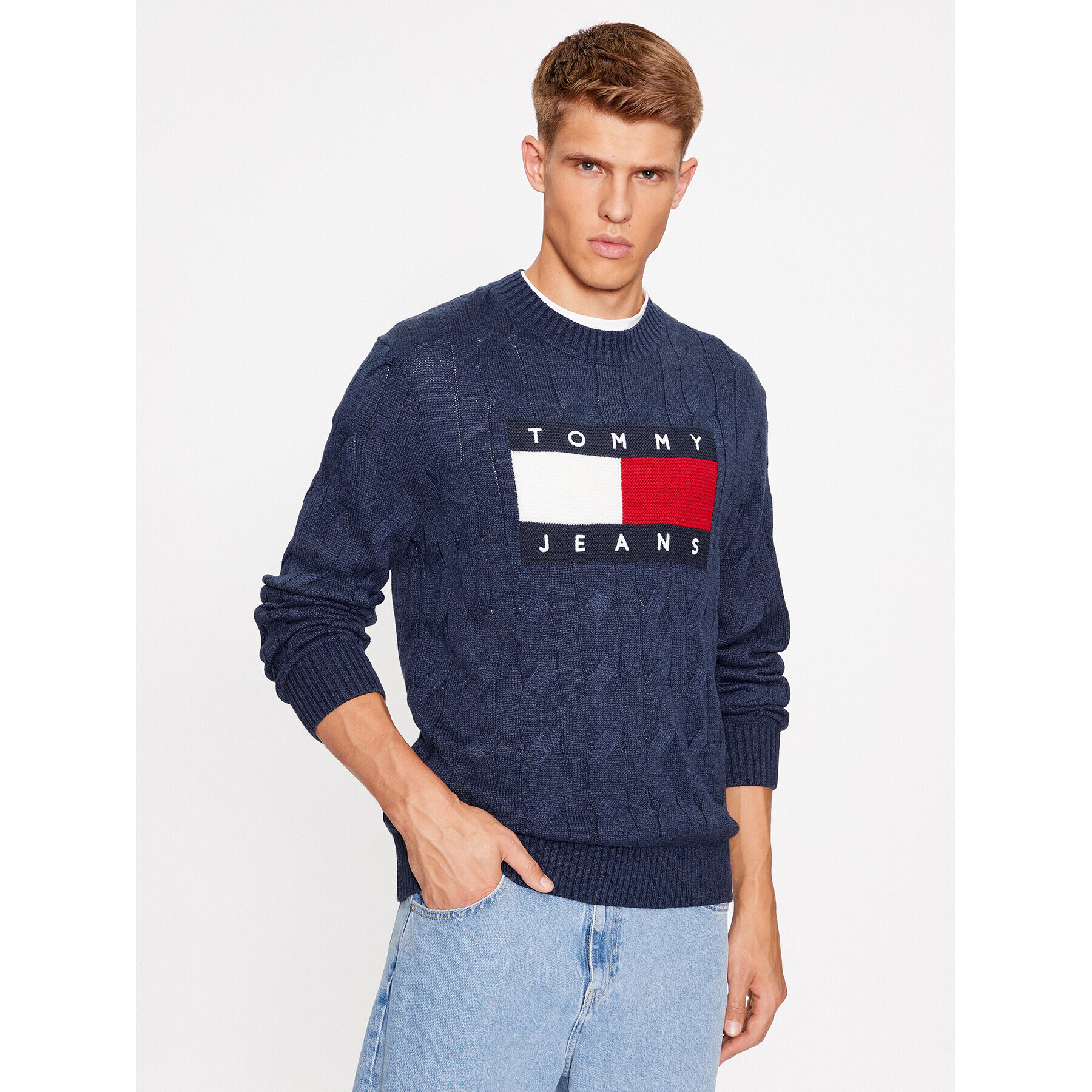 Tommy Jeans Пуловер Flag DM0DM17762 Тъмносин Relaxed Fit - Pepit.bg