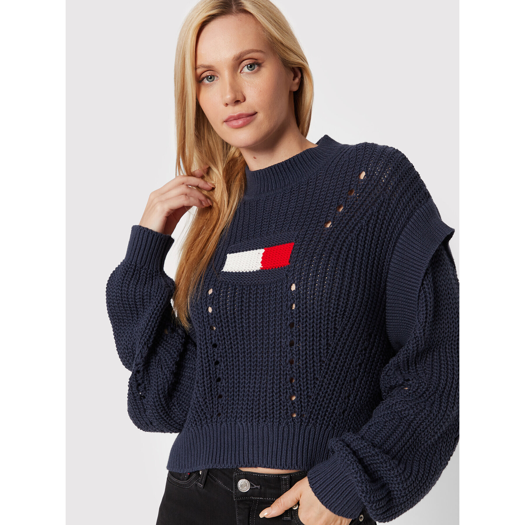 Tommy Jeans Пуловер Flag Stitch DW0DW13440 Тъмносин Oversize - Pepit.bg