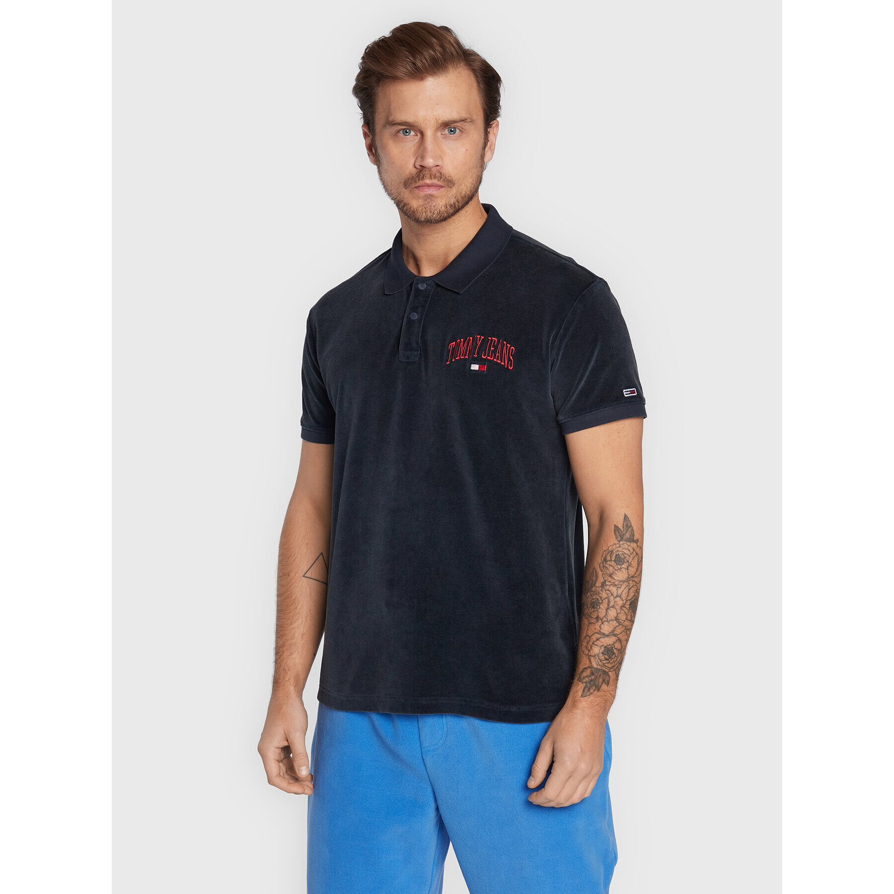 Tommy Jeans Тениска с яка и копчета Collegiate Velour DM0DM15079 Тъмносин Regular Fit - Pepit.bg