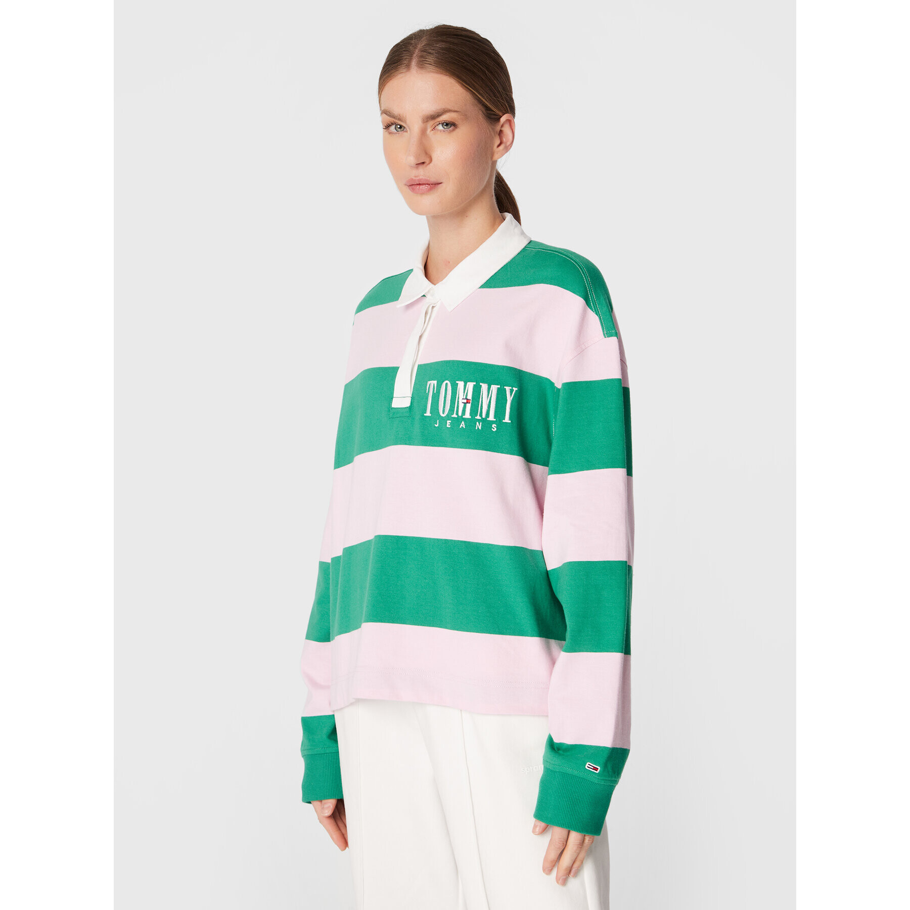 Tommy Jeans Тениска с яка и копчета Stripes Authtic DW0DW14519 Зелен Oversize - Pepit.bg