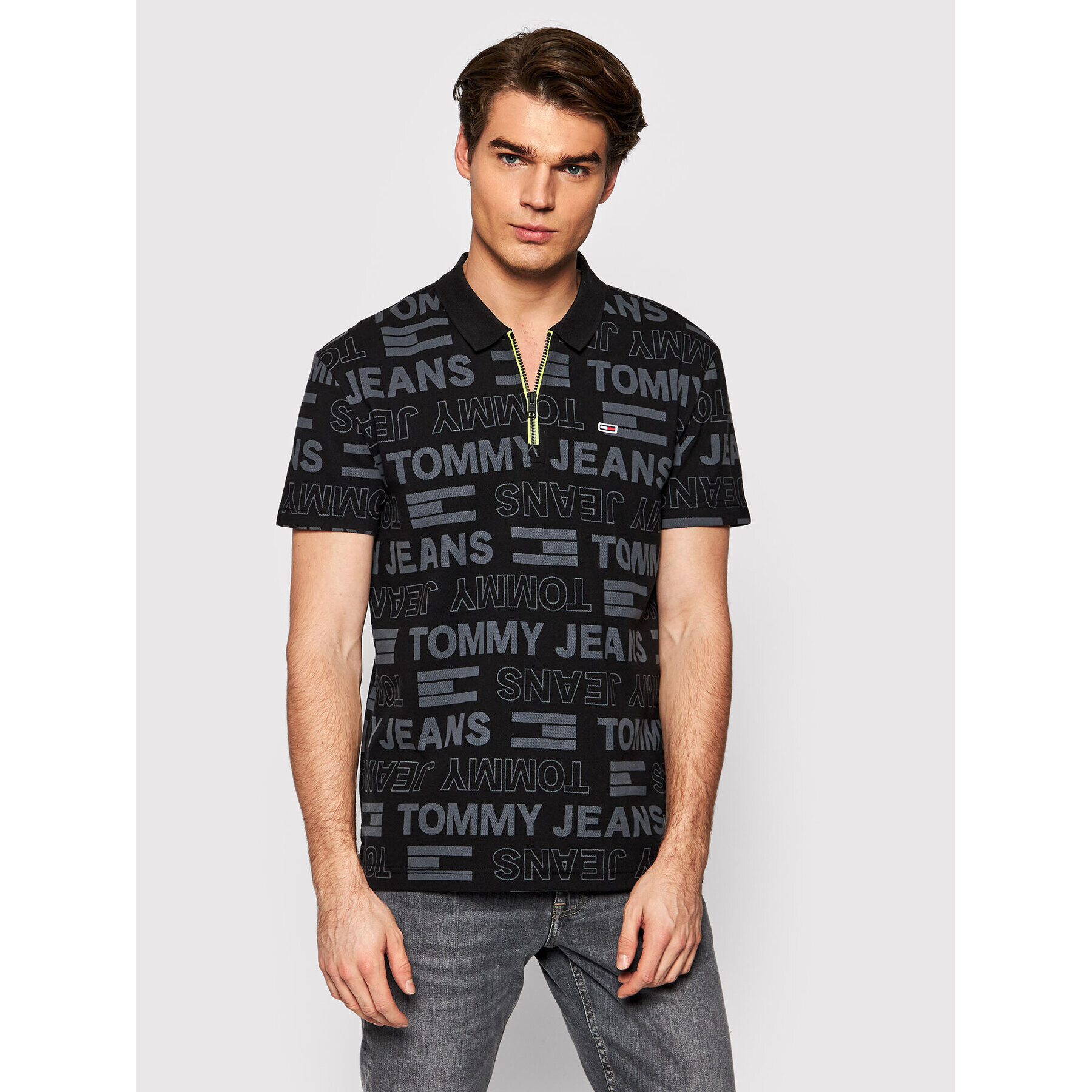 Tommy Jeans Тениска с яка и копчета Aop DM0DM11337 Черен Regular Fit - Pepit.bg