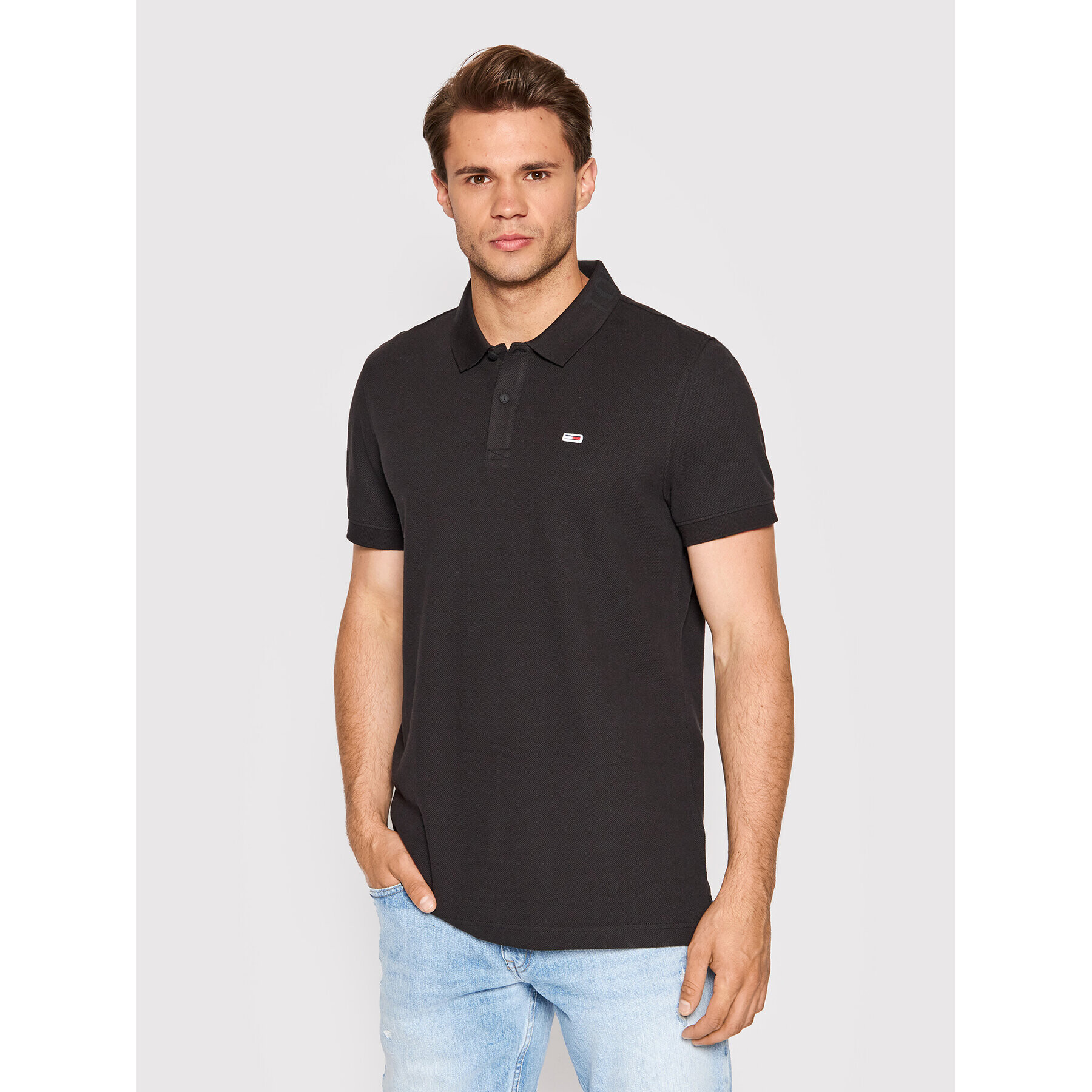 Tommy Jeans Тениска с яка и копчета Jacquard Logo DM0DM12962 Черен Regular Fit - Pepit.bg