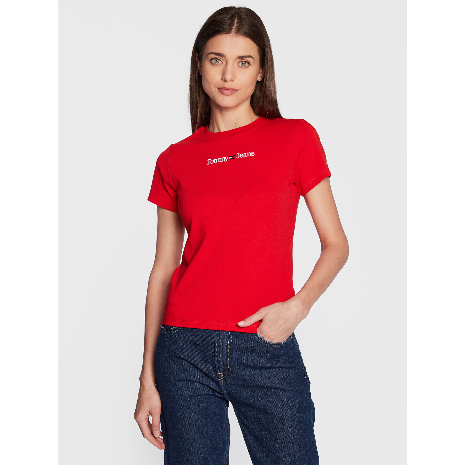 Tommy Jeans Тишърт Baby Serif Linear DW0DW14364 Червен Slim Fit - Pepit.bg