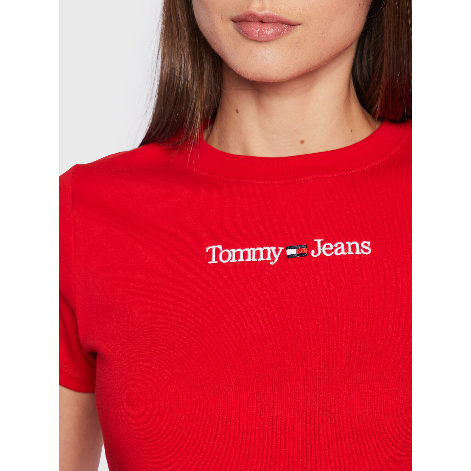 Tommy Jeans Тишърт Baby Serif Linear DW0DW14364 Червен Slim Fit - Pepit.bg