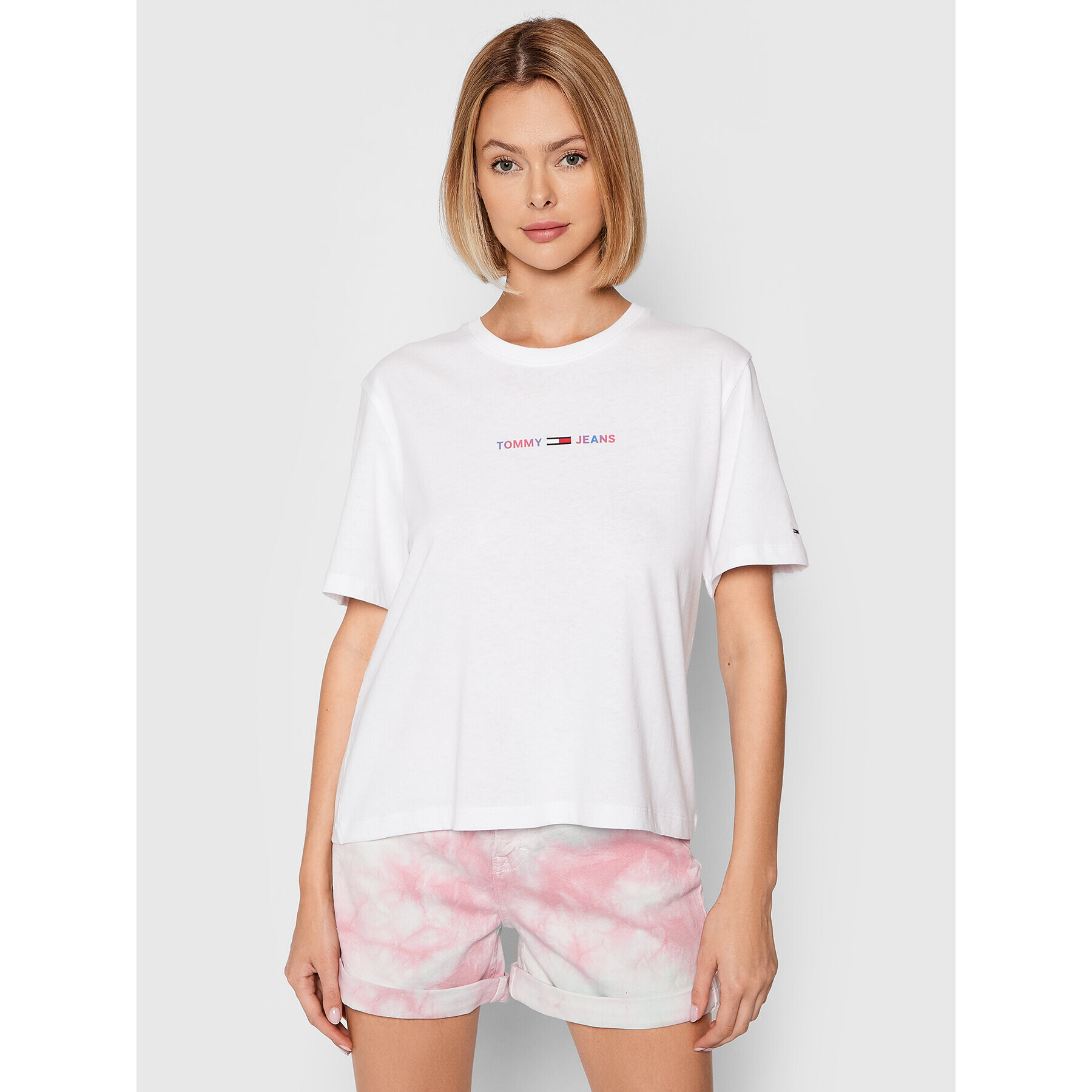 Tommy Jeans Тишърт Crop Multi Linear DW0DW10437 Бял Regular Fit - Pepit.bg