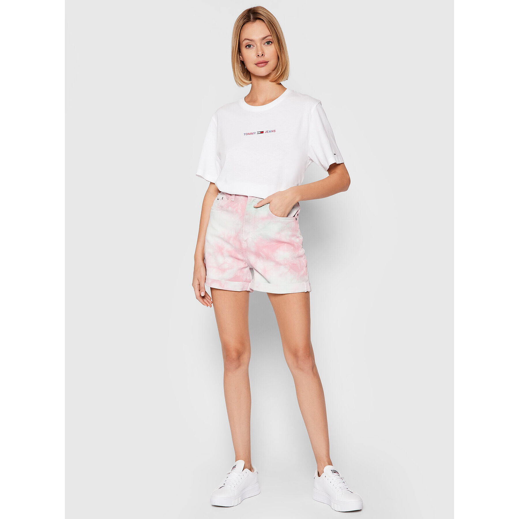 Tommy Jeans Тишърт Crop Multi Linear DW0DW10437 Бял Regular Fit - Pepit.bg