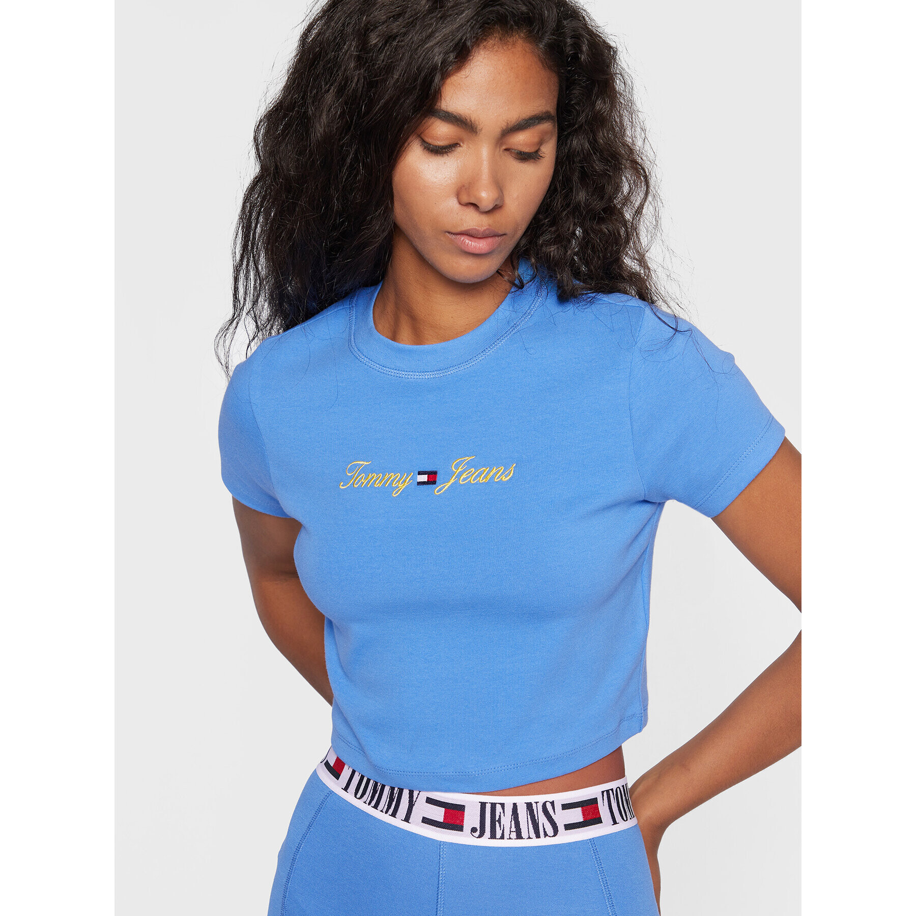 Tommy Jeans Тишърт Linear Logo DW0DW14208 Син Cropped Fit - Pepit.bg