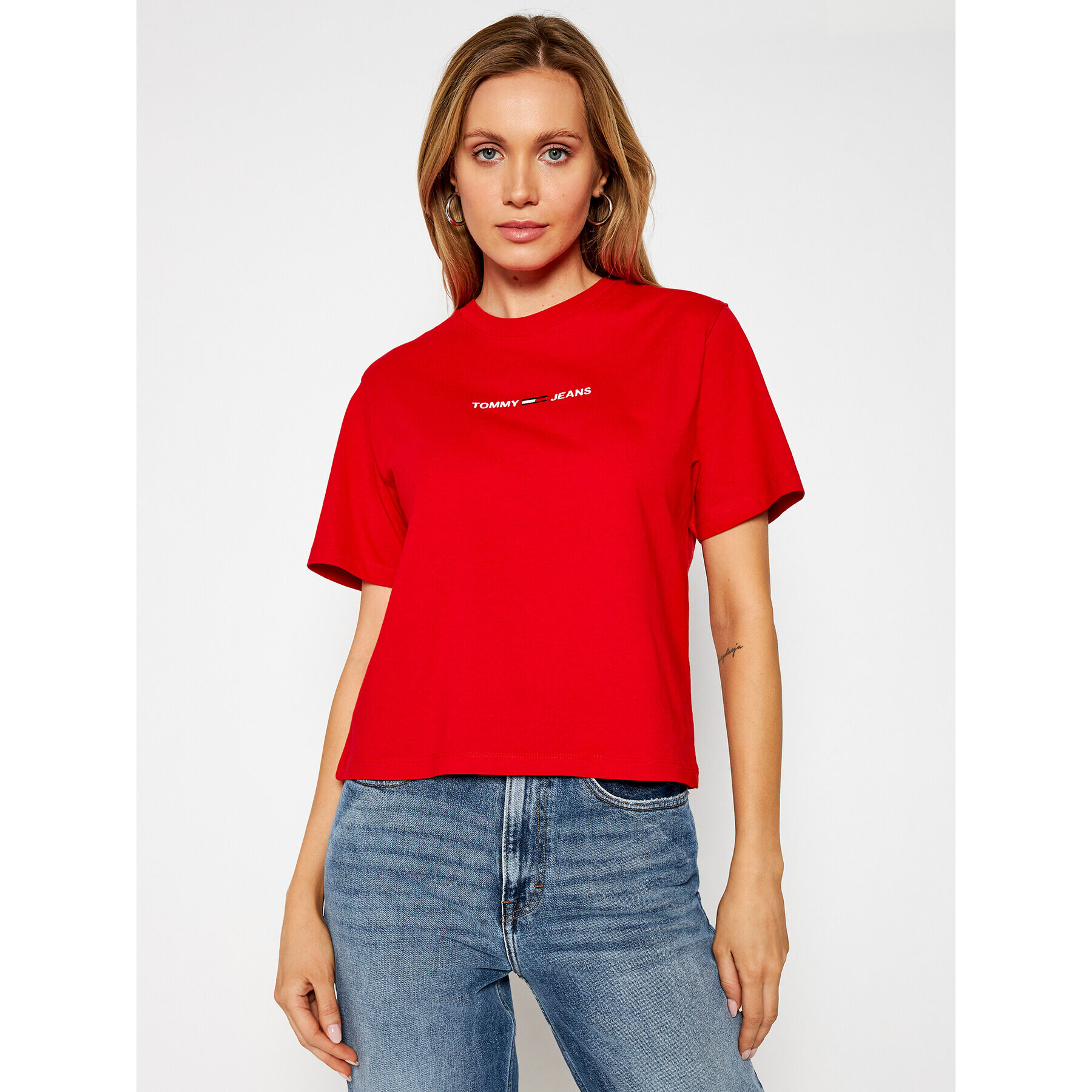 Tommy Jeans Тишърт Tjw Linear Logo Tee DW0DW10057 Червен Cropped Fit - Pepit.bg