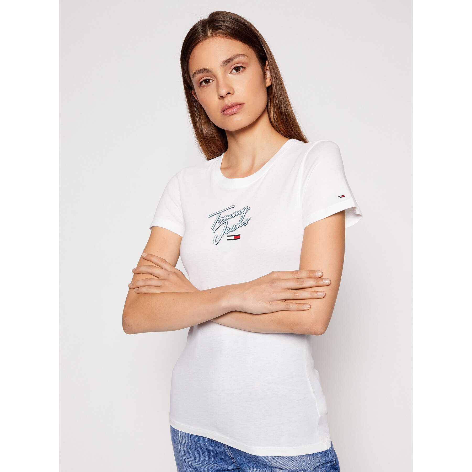 Tommy Jeans Тишърт Tjw Script DW0DW09558 Бял Skinny Fit - Pepit.bg