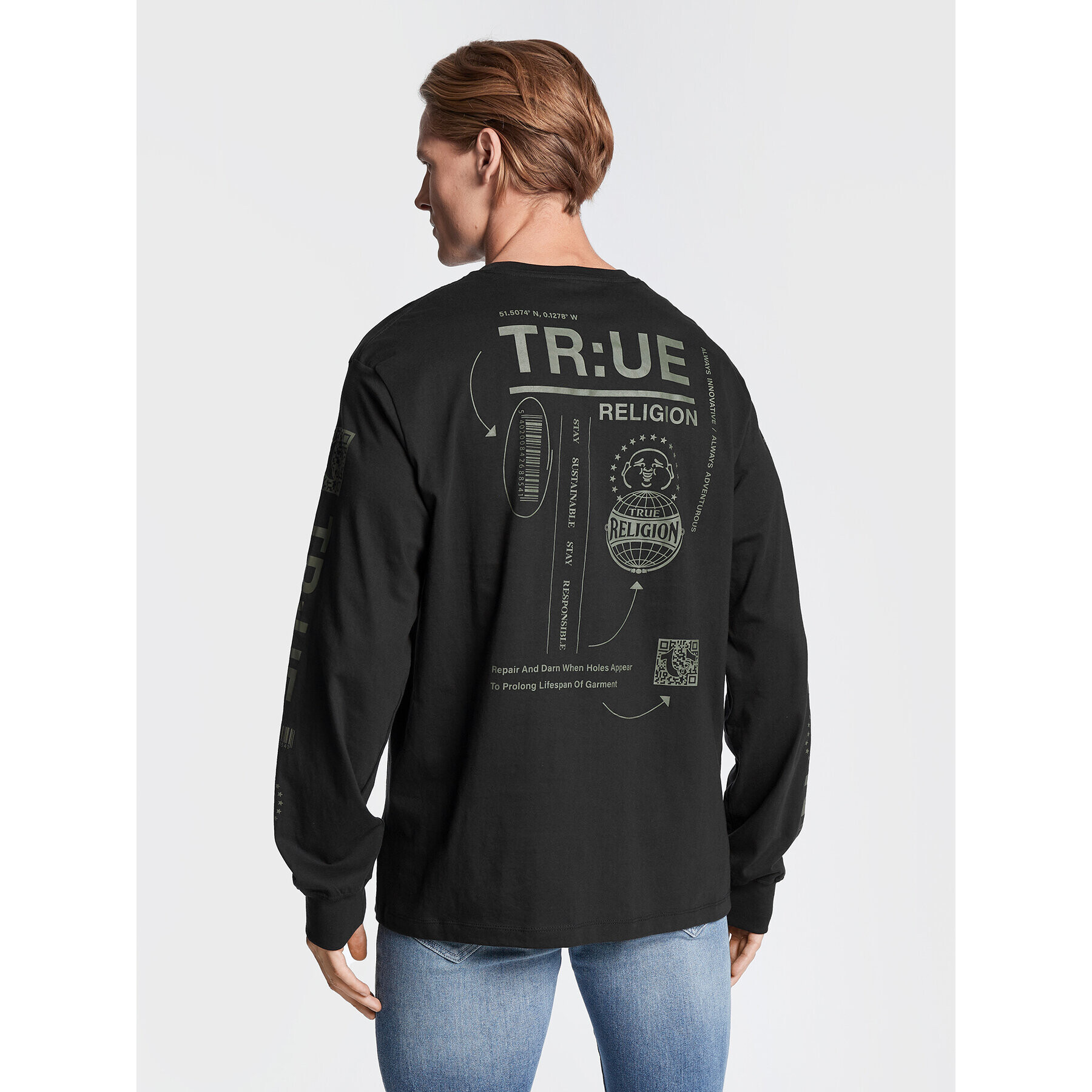 True Religion Тениска с дълъг ръкав 106300 Черен Regular Fit - Pepit.bg