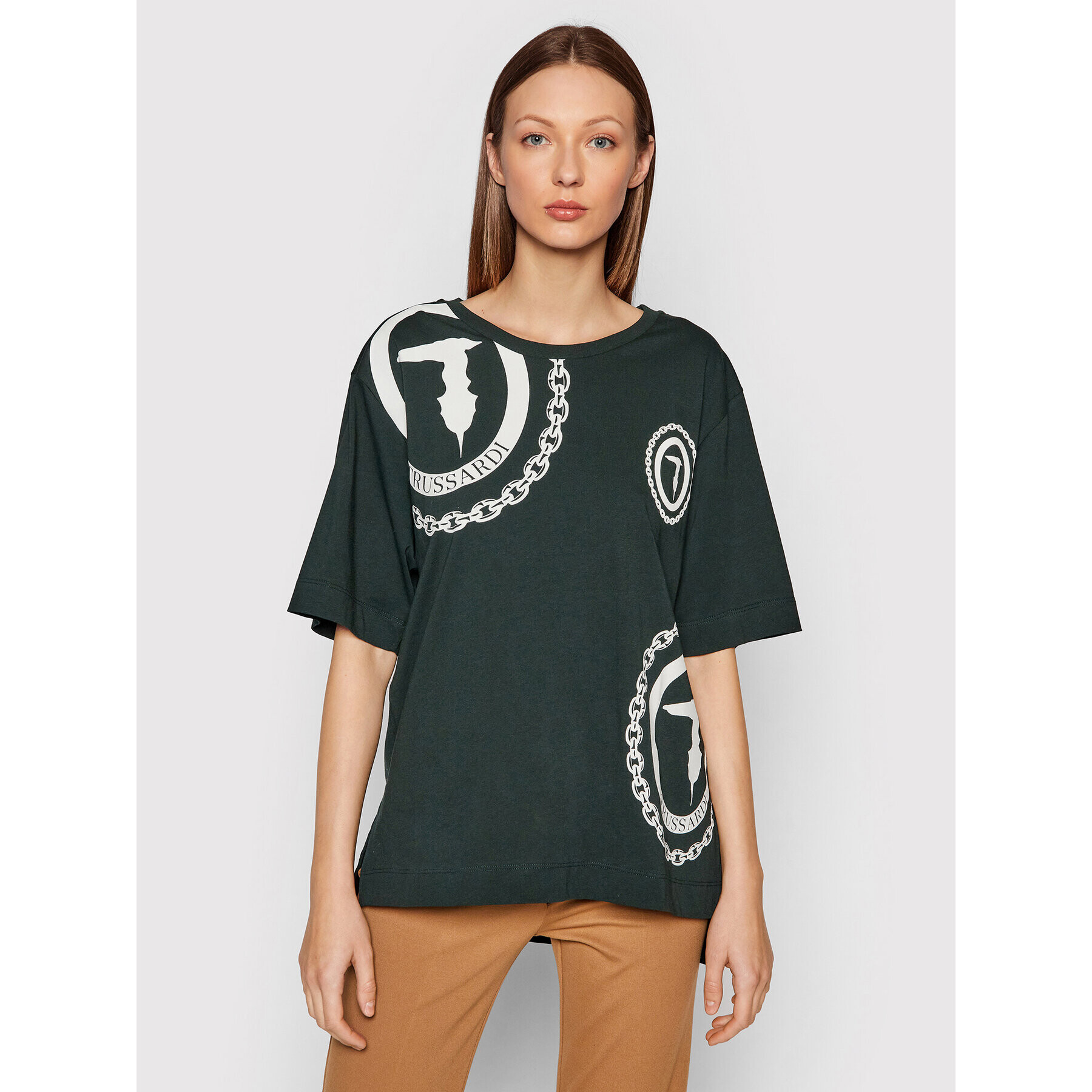 Trussardi Тишърт Logo Print 56T00413 Зелен Oversize - Pepit.bg