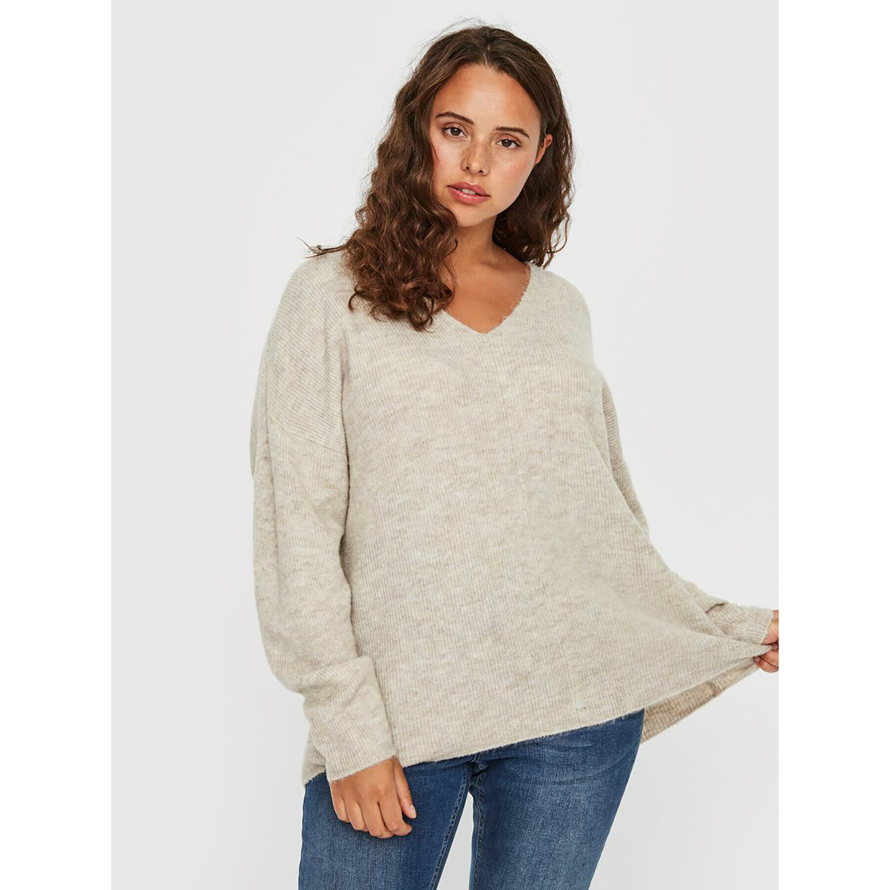 Vero Moda Curve Пуловер Crewlefile 10238344 Бежов Regular Fit - Pepit.bg