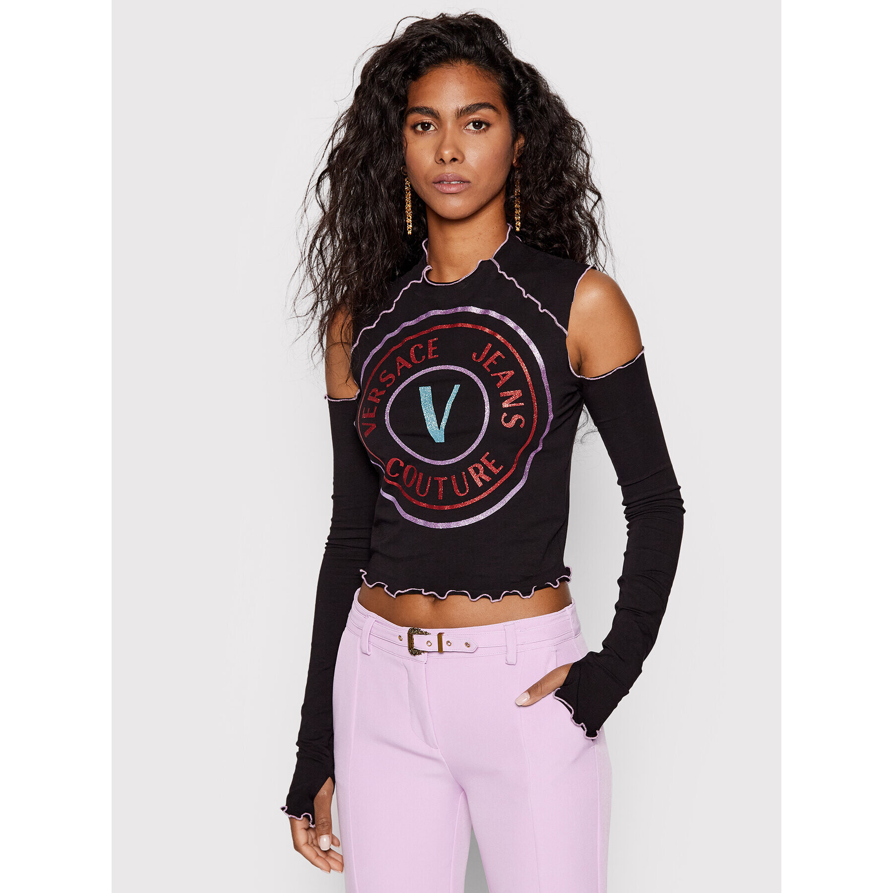Versace Jeans Couture Блуза Vemblem Glitter 73HAHT08 Черен Regular Fit - Pepit.bg