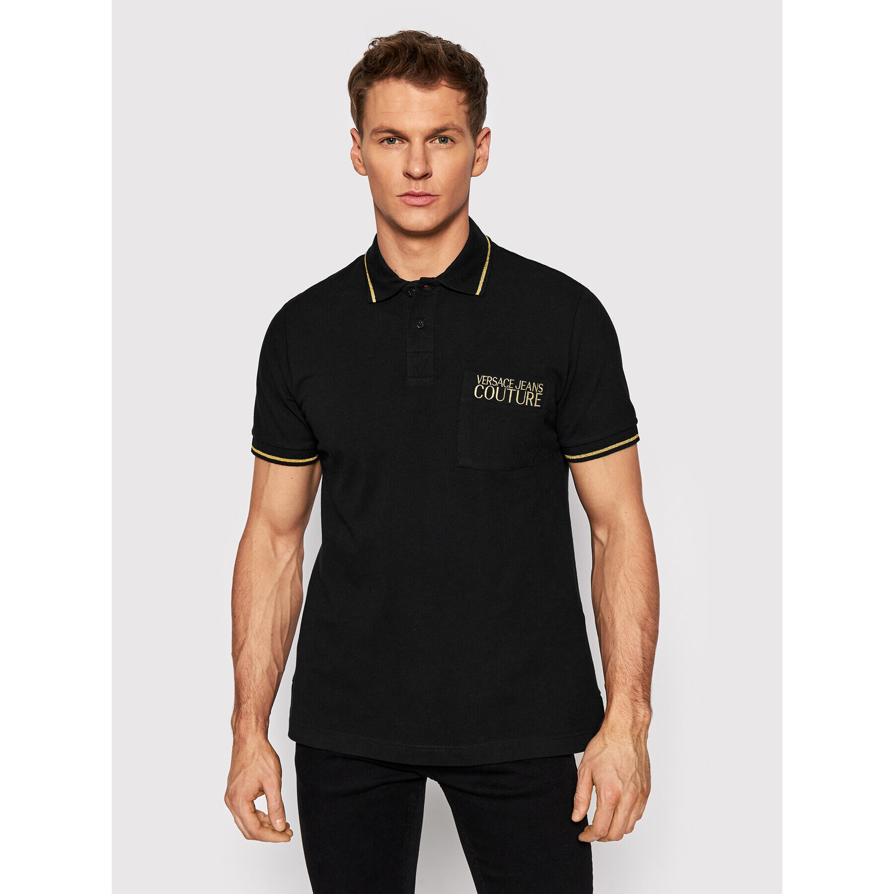 Versace Jeans Couture Тениска с яка и копчета 72GAGT01 Черен Regular Fit - Pepit.bg