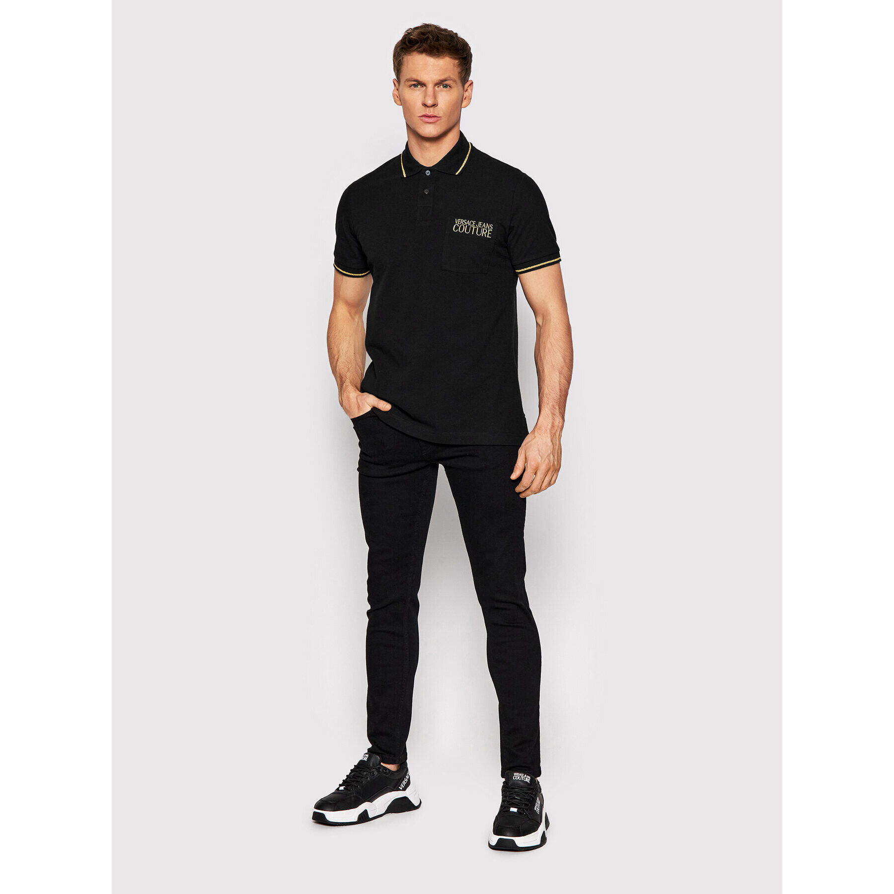 Versace Jeans Couture Тениска с яка и копчета 72GAGT01 Черен Regular Fit - Pepit.bg