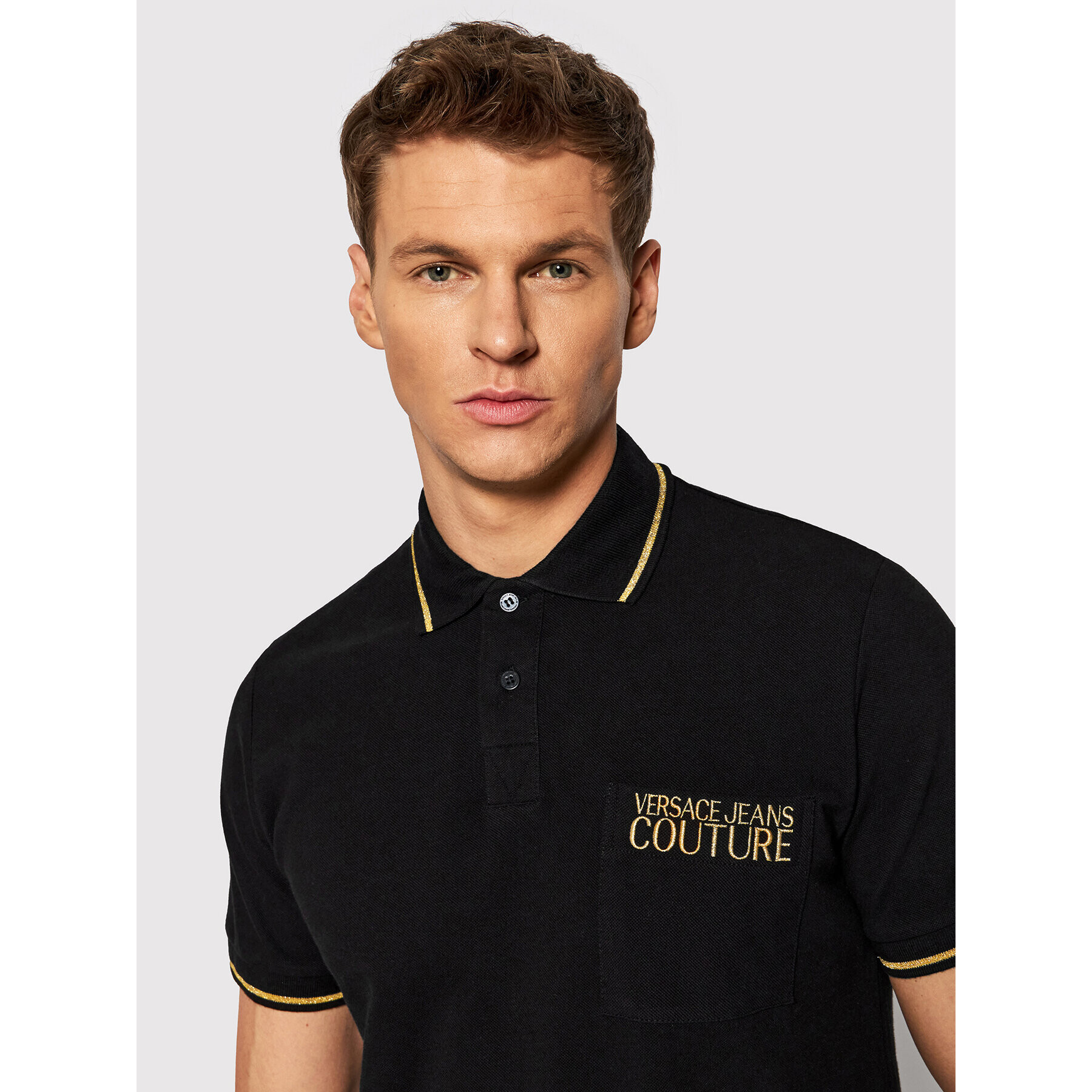 Versace Jeans Couture Тениска с яка и копчета 72GAGT01 Черен Regular Fit - Pepit.bg