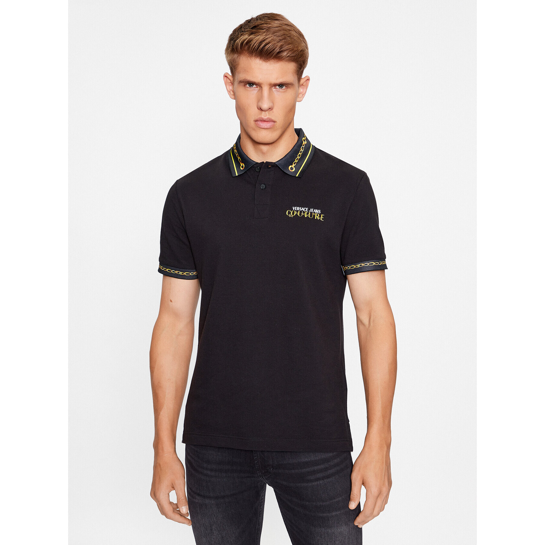 Versace Jeans Couture Тениска с яка и копчета 75GAGT01 Черен Regular Fit - Pepit.bg