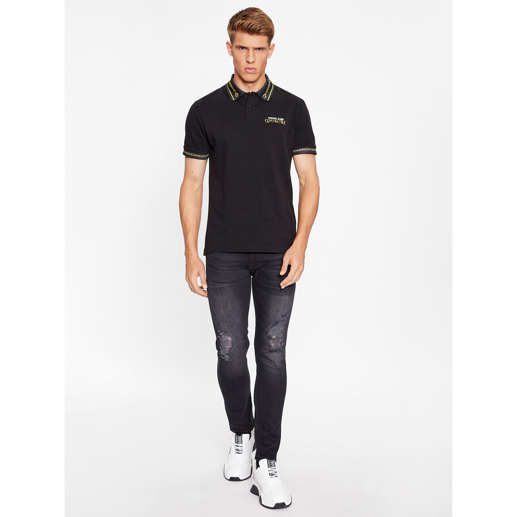 Versace Jeans Couture Тениска с яка и копчета 75GAGT01 Черен Regular Fit - Pepit.bg