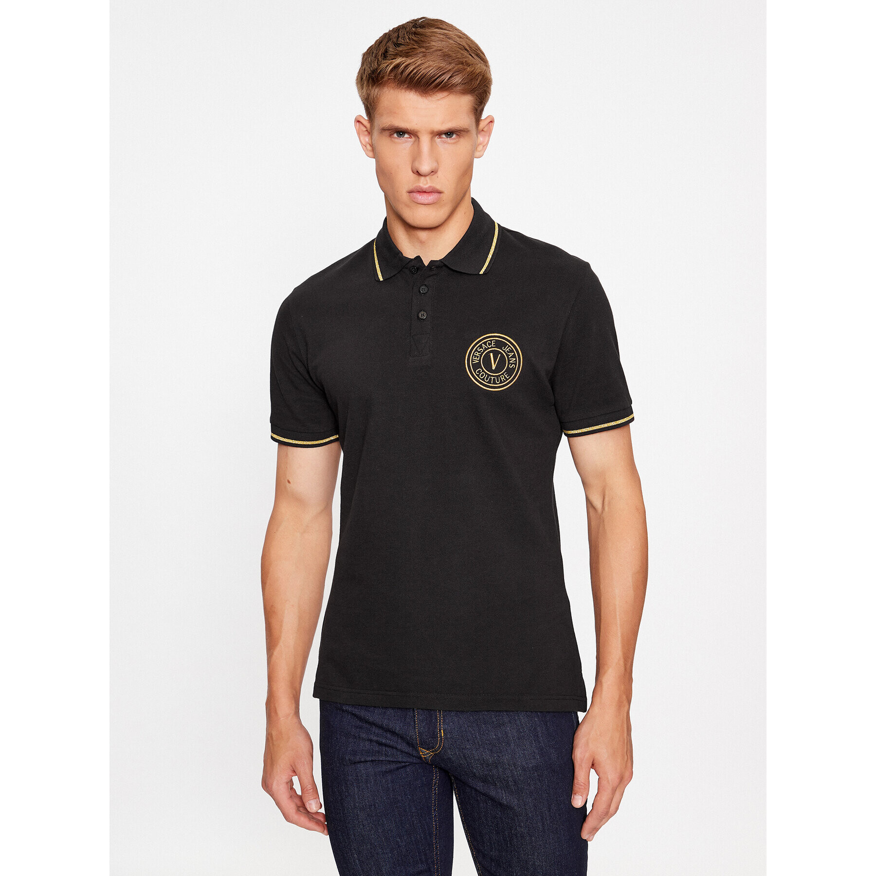 Versace Jeans Couture Тениска с яка и копчета 75GAGT06 Черен Regular Fit - Pepit.bg