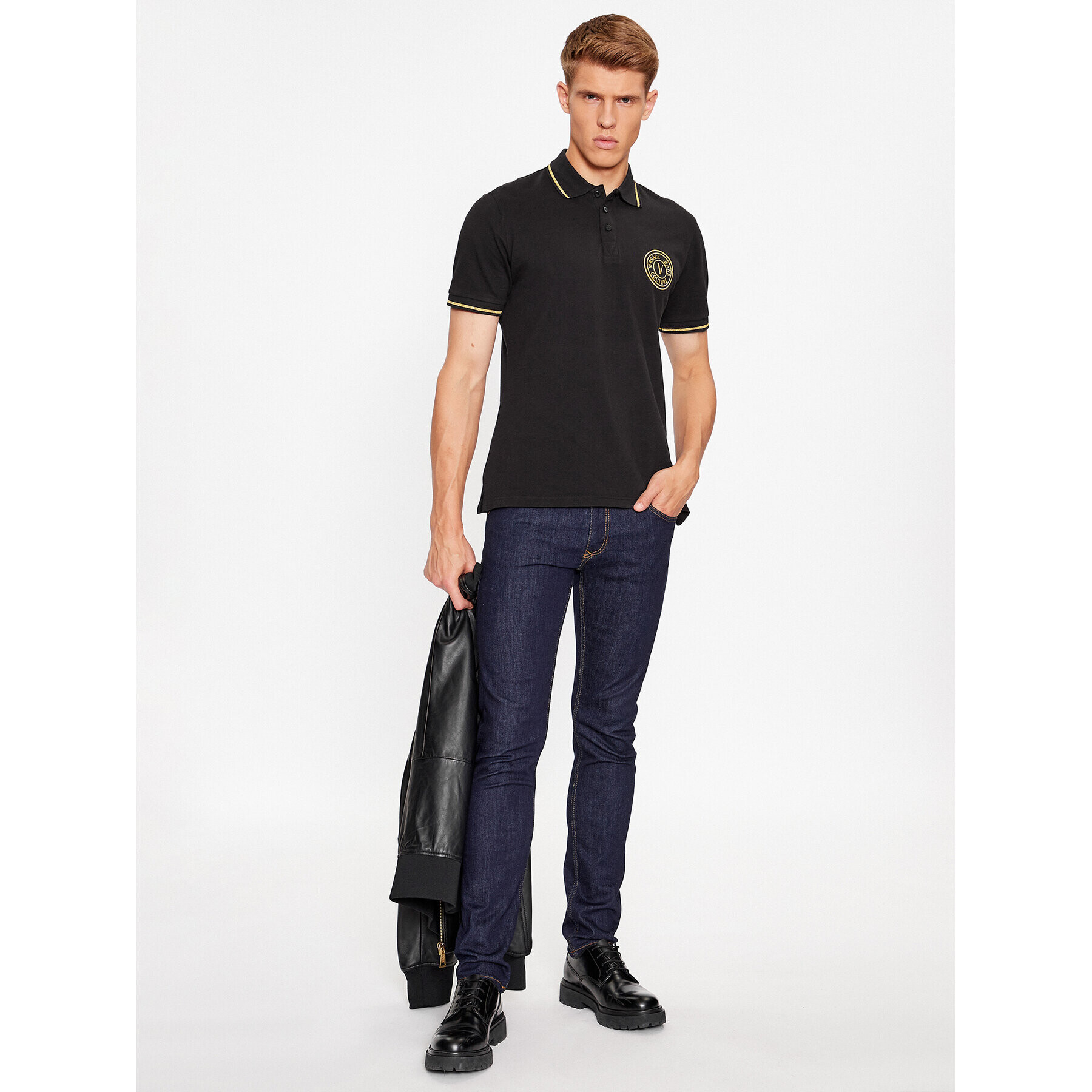 Versace Jeans Couture Тениска с яка и копчета 75GAGT06 Черен Regular Fit - Pepit.bg