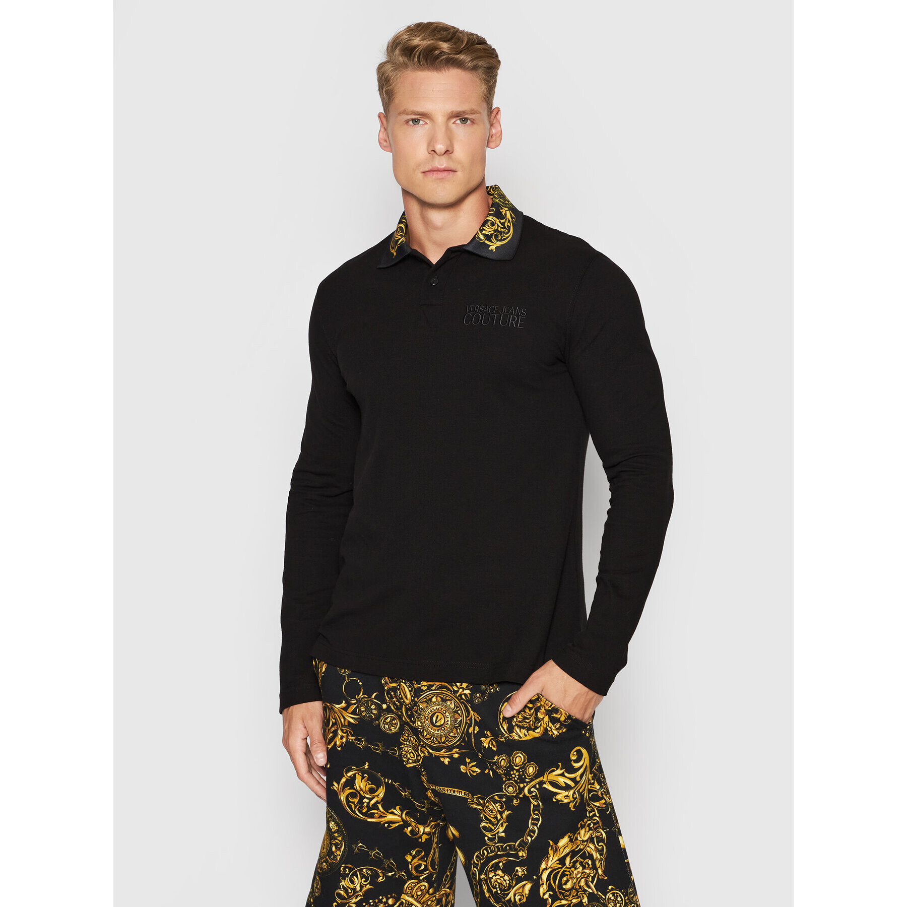 Versace Jeans Couture Тениска с яка и копчета Baroque 71GAGT04 Черен Regular Fit - Pepit.bg