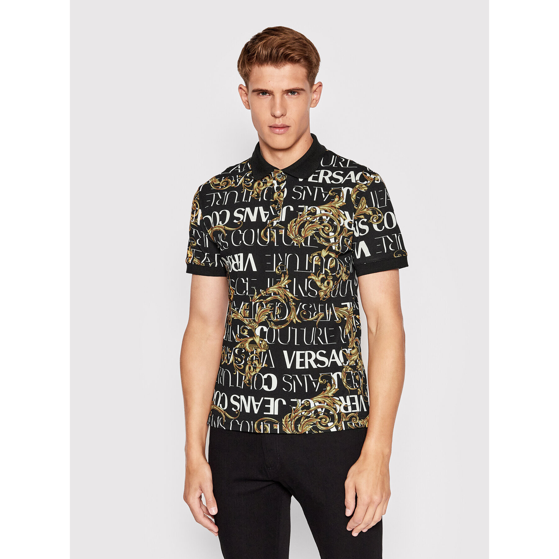 Versace Jeans Couture Тениска с яка и копчета Baroque 73GAG6S0 Черен Regular Fit - Pepit.bg